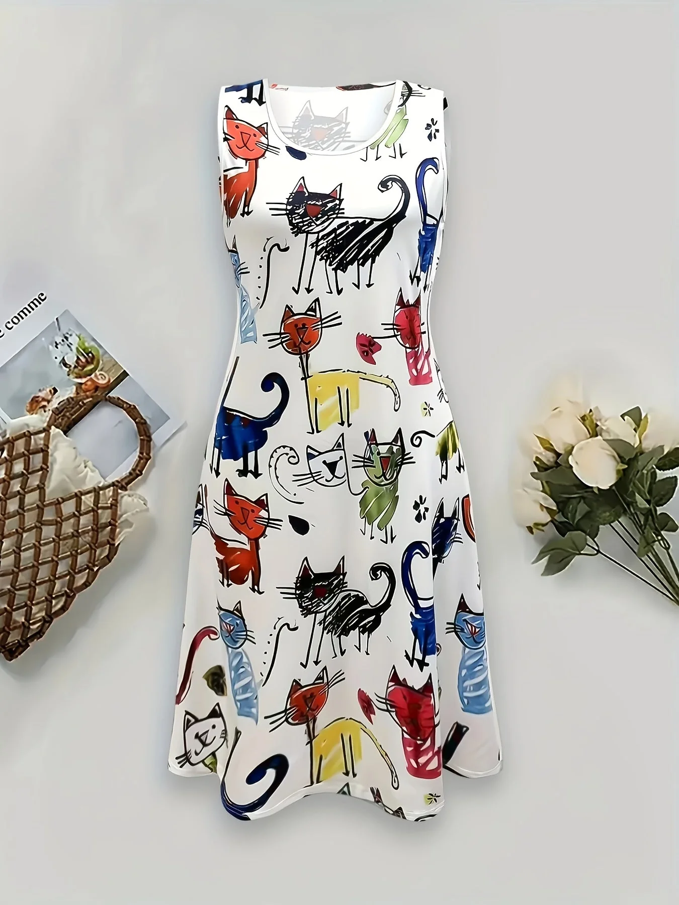 Damen Sommerkleid mit Katzen-Print, lässig, ärmellos, A-Linie, ideal für Alltag und Freizeit - Image 4