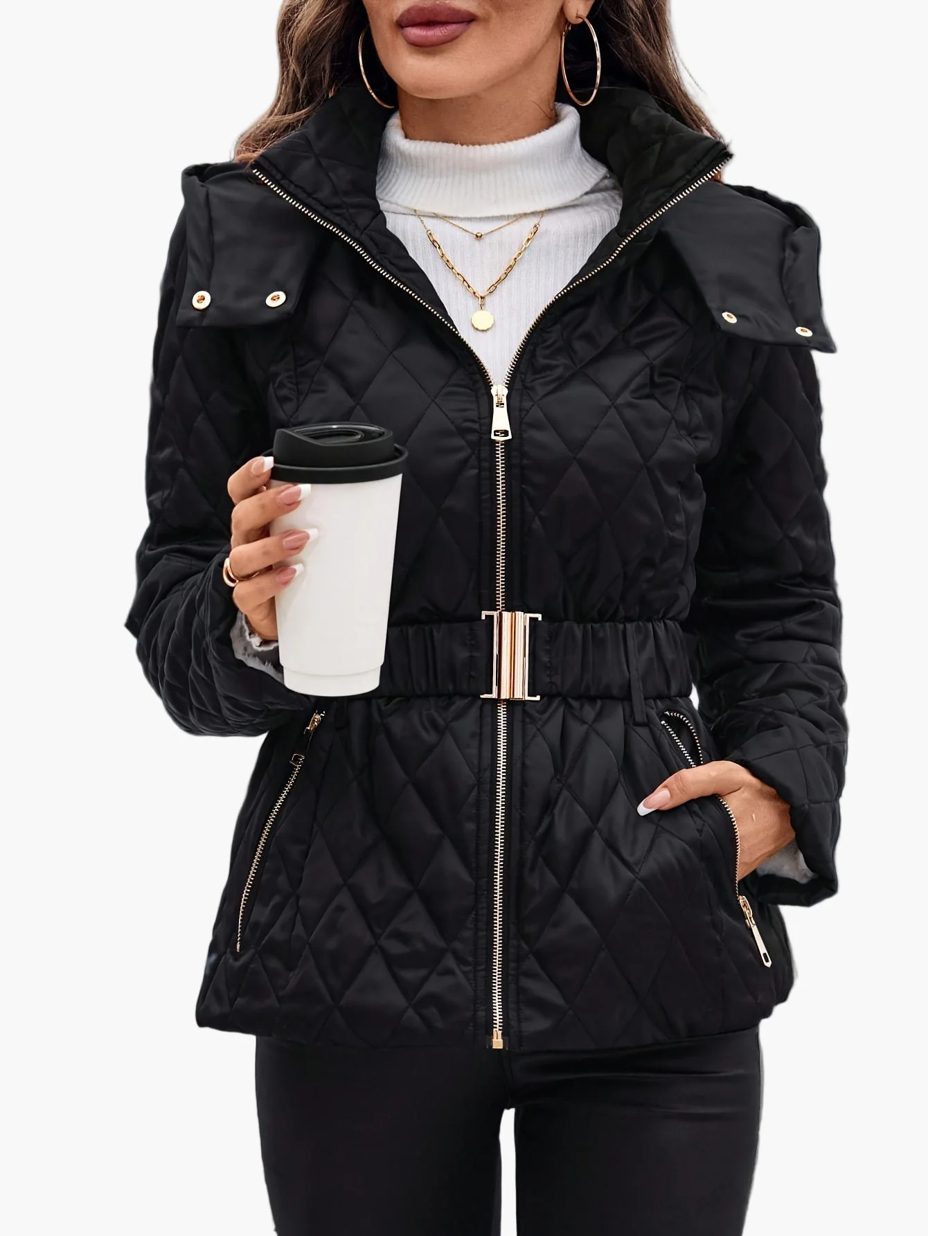 Damen Steppjacke mit Gürtel und Kapuze – Elegante Winterjacke für Alltag und Büro