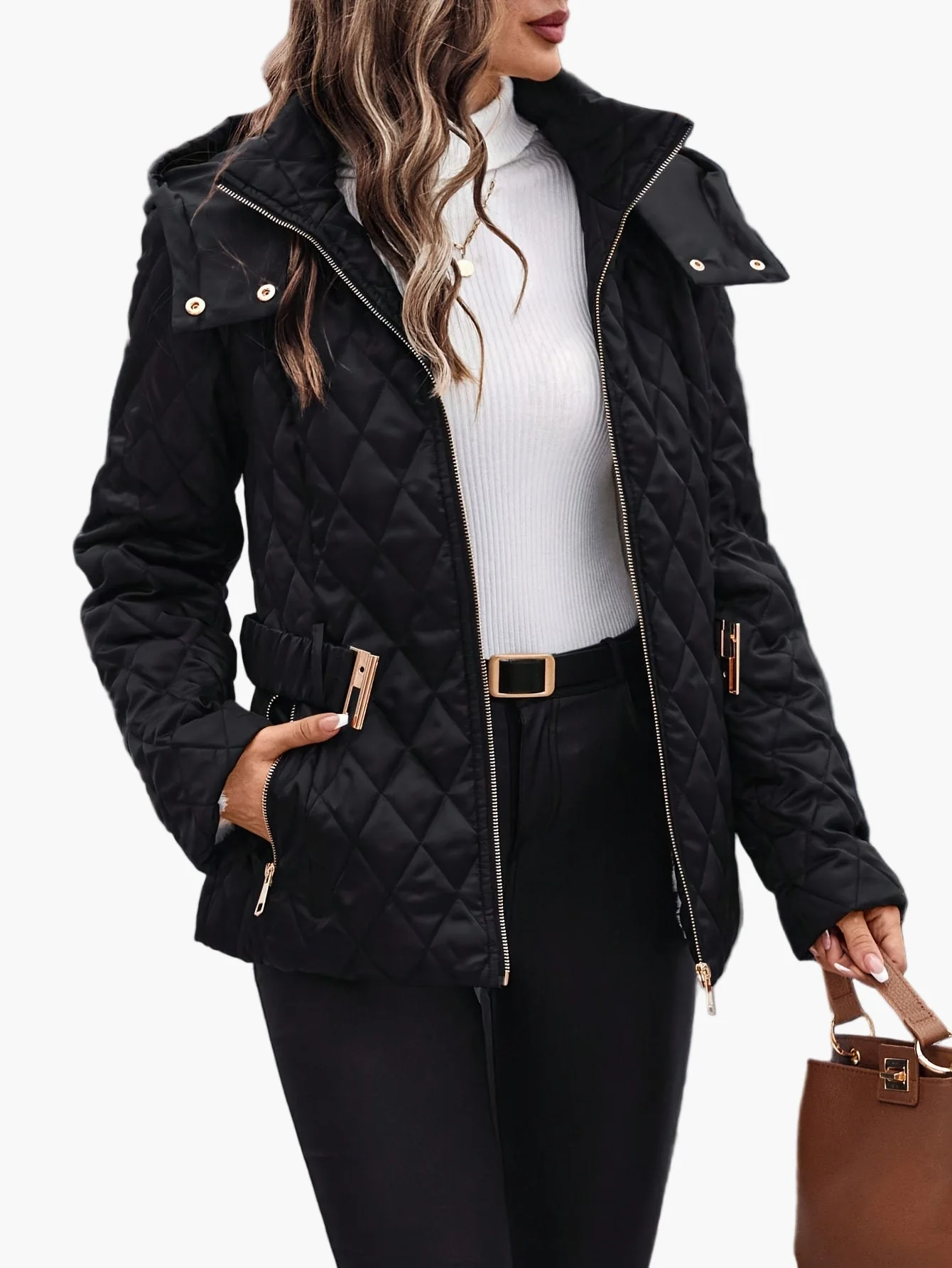 Damen Steppjacke mit Gürtel und Kapuze – Elegante Winterjacke für Alltag und Büro - Image 3