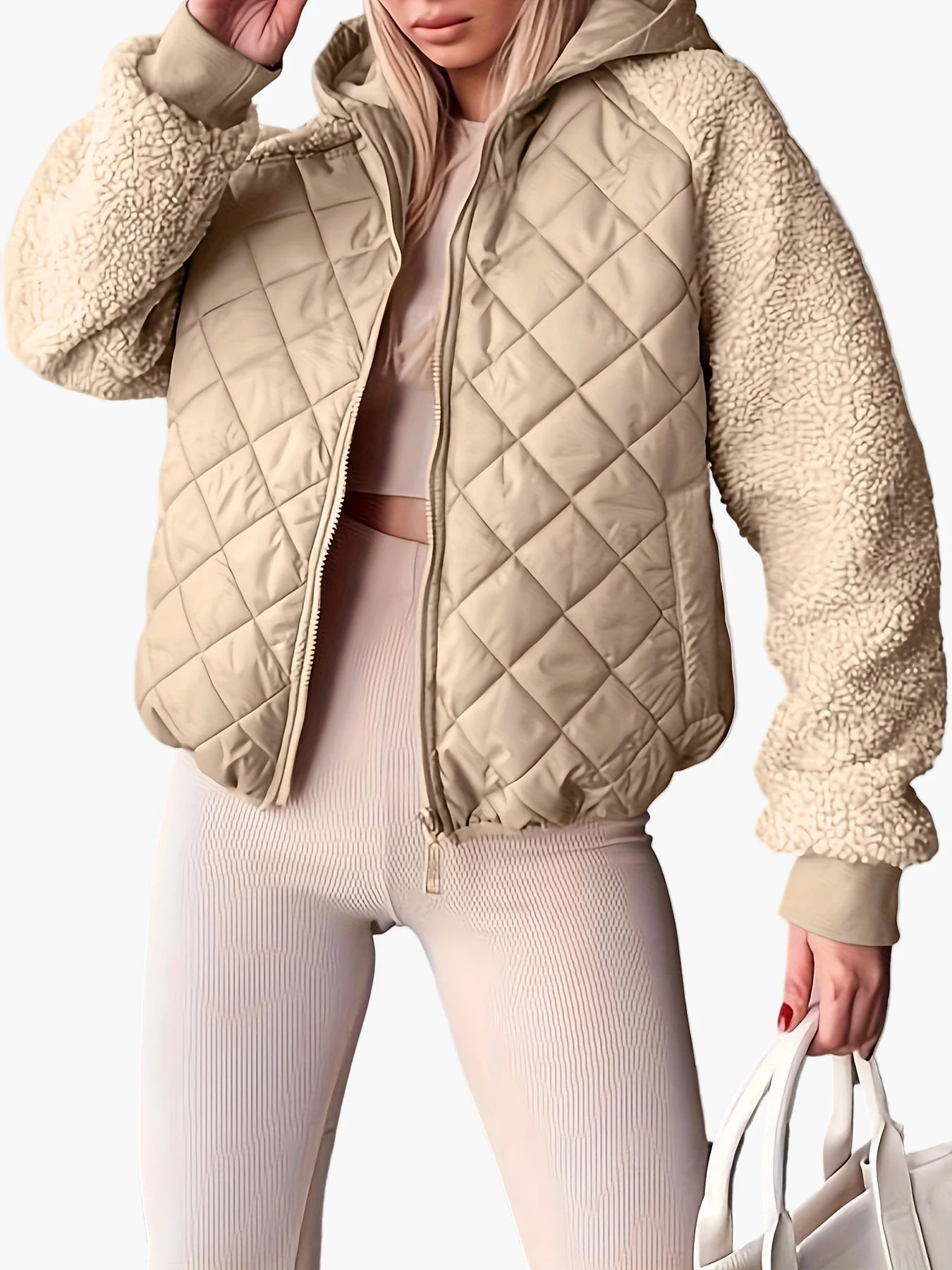 Damen Steppjacke mit Kapuze und Teddyfell-Ärmeln – Modische Übergangsjacke für Alltag und Freizeit