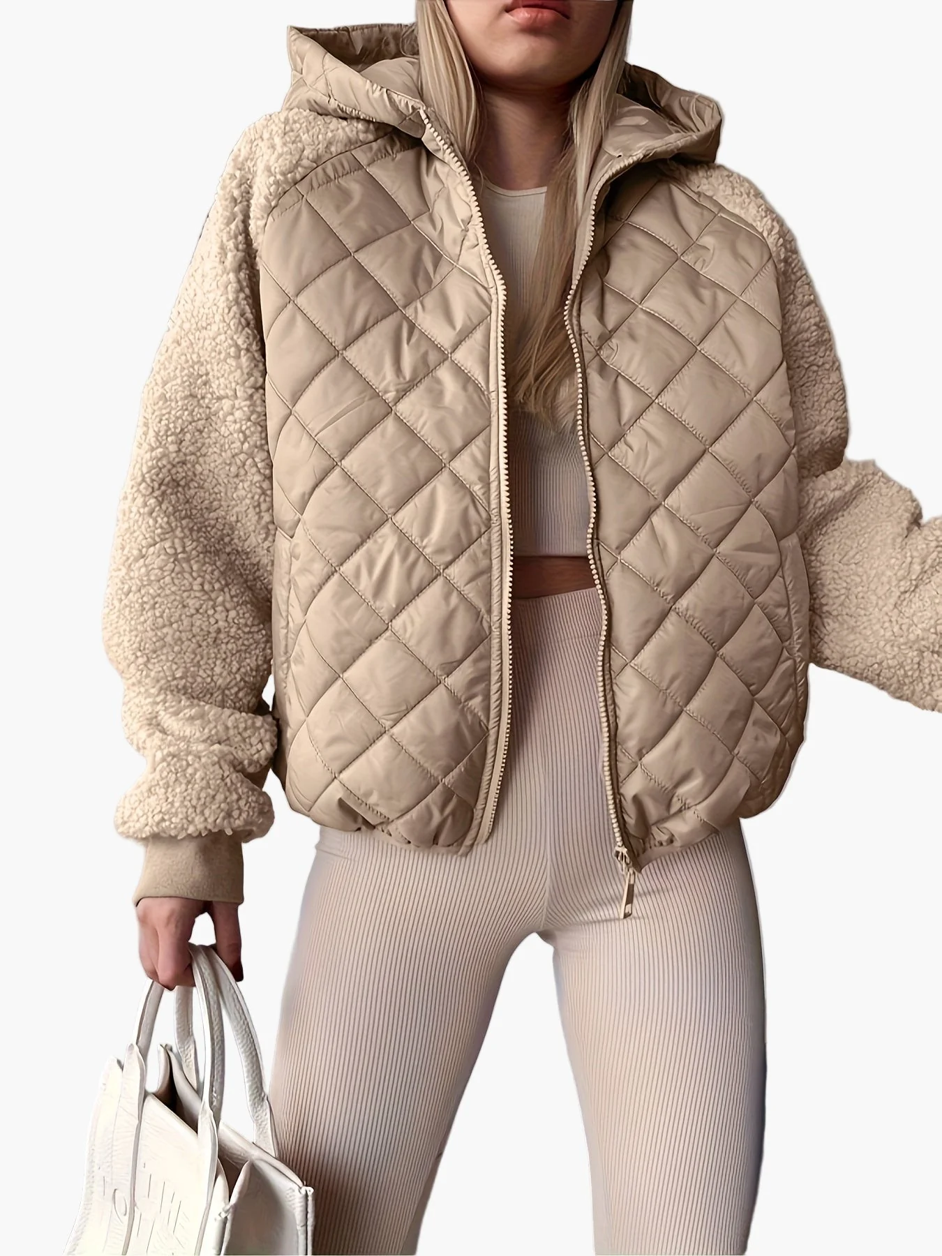 Damen Steppjacke mit Kapuze und Teddyfell-Ärmeln – Modische Übergangsjacke für Alltag und Freizeit - Image 3