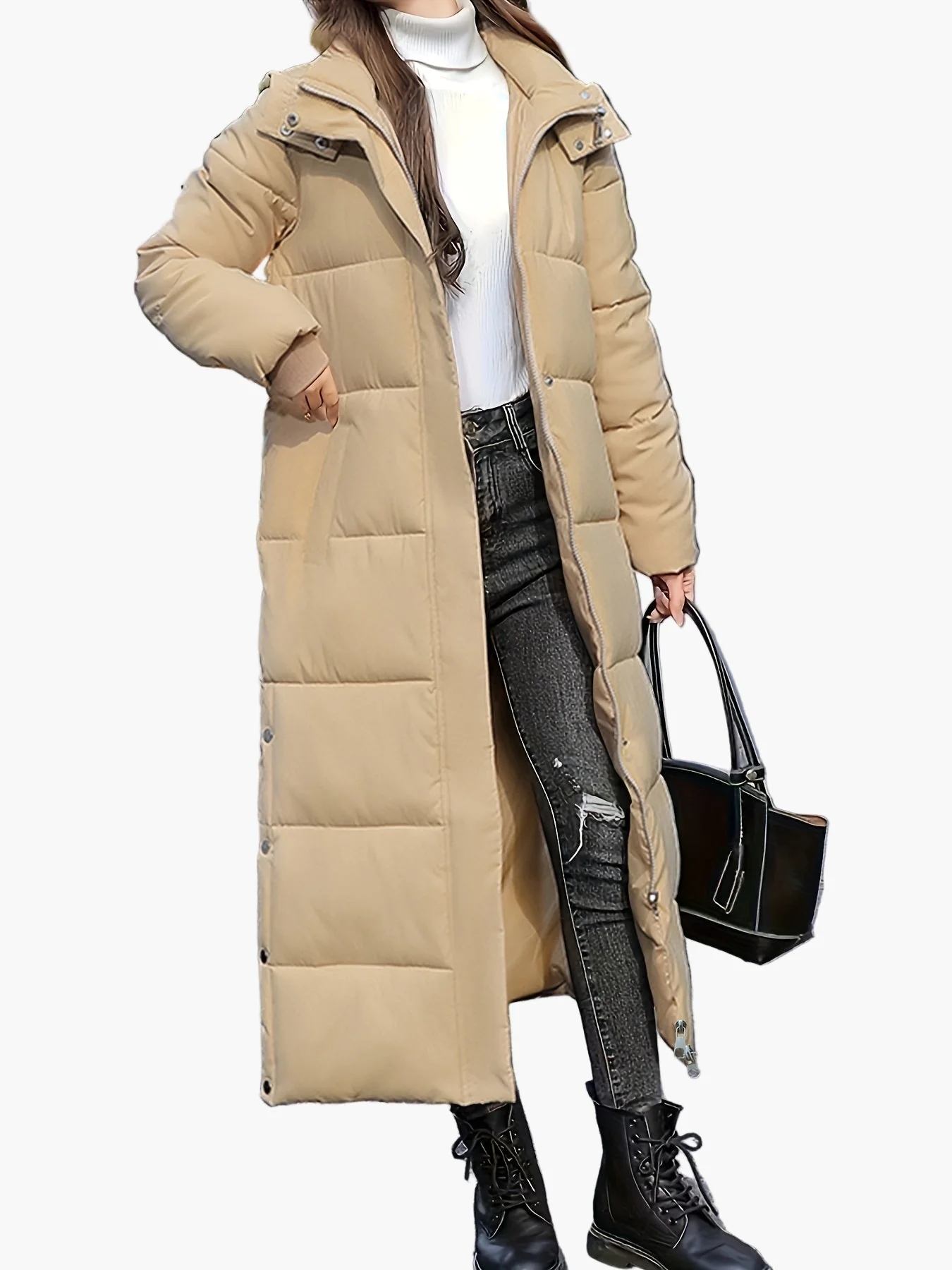 Damen Steppmantel Lang Eleganter Wintermantel mit Kapuze – Perfekt für Alltag und Outdoor - Image 3