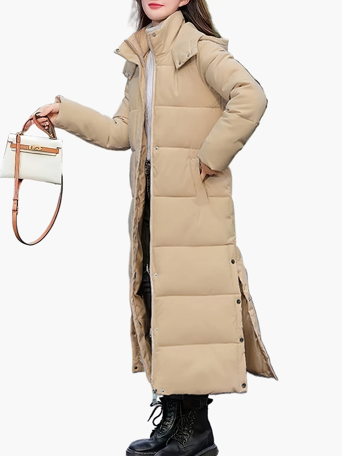 Damen Steppmantel Lang Eleganter Wintermantel mit Kapuze – Perfekt für Alltag und Outdoor - Image 9