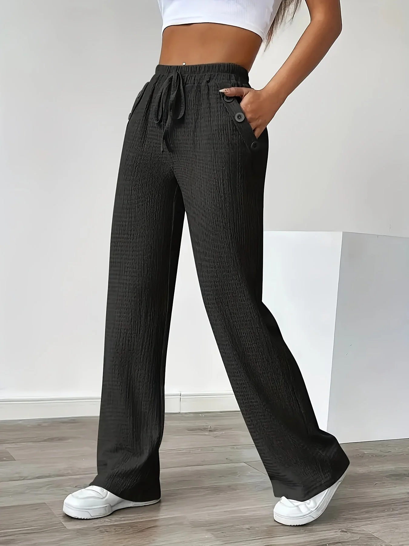 Damen Straight Leg Freizeithose mit Knopfdetails und Kordelzug – Ideal für Alltag und Freizeit - Image 2