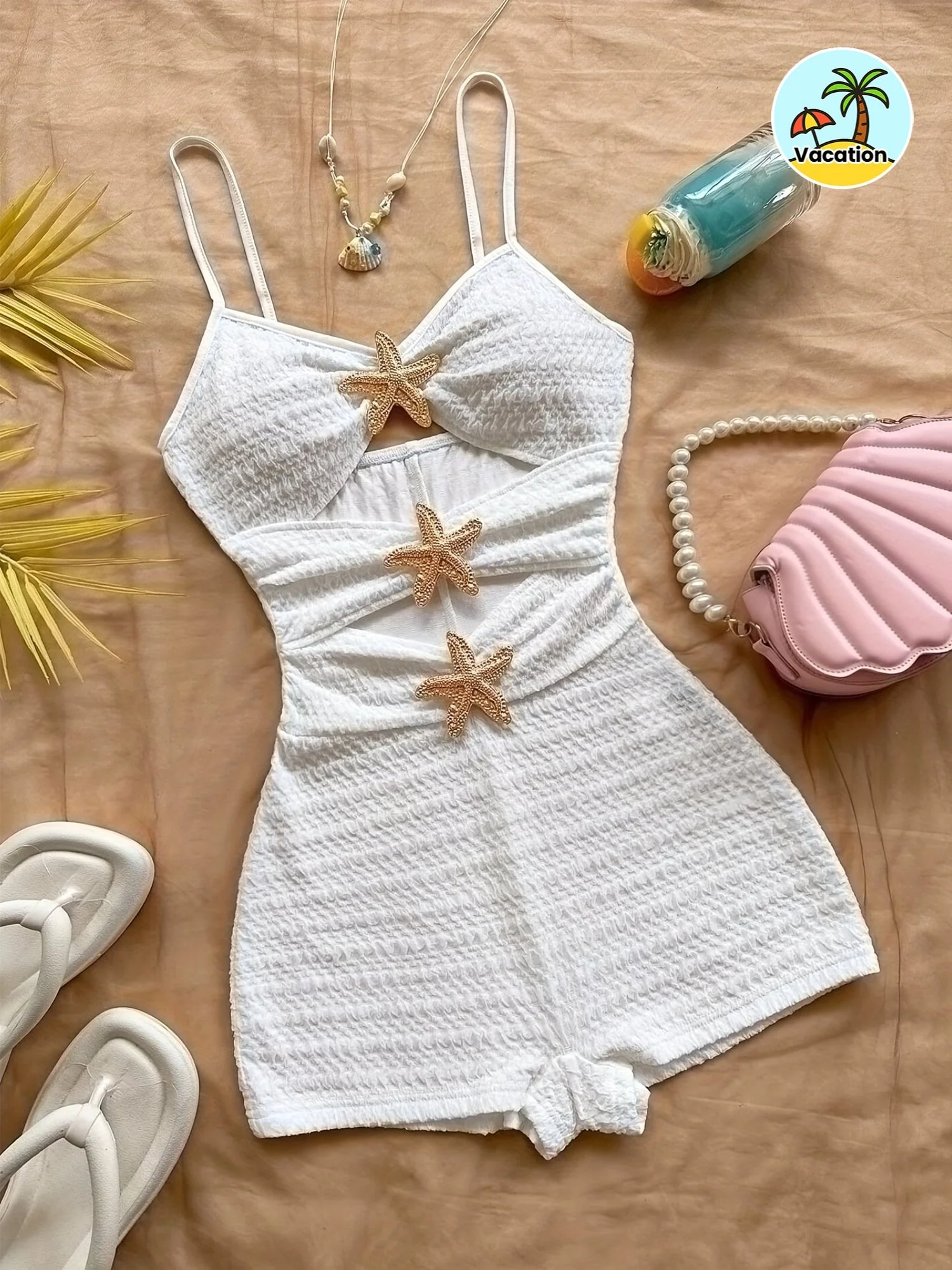 Damen Strand-Overall mit Stern-Applikationen und Cut-Outs – Sommerlicher Einteiler für Urlaub & Poolpartys