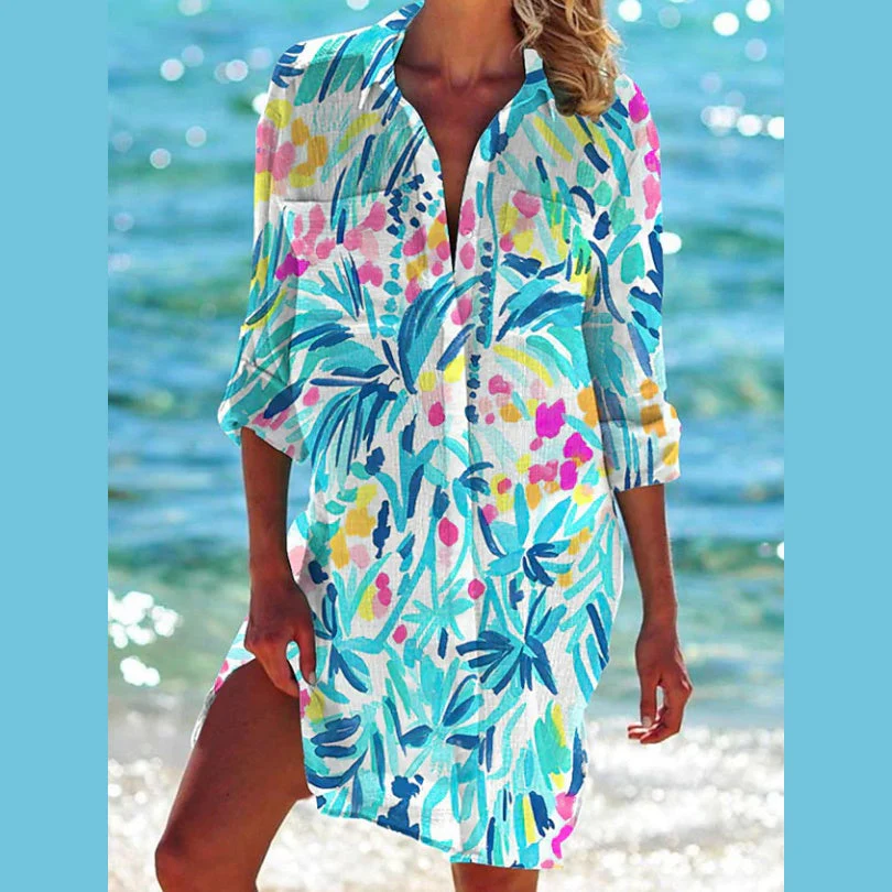 Damen Strand Tunika Kleid – Sommer Strandcover, Luftig, Tropisches Muster, Perfekt für Urlaub & Pool