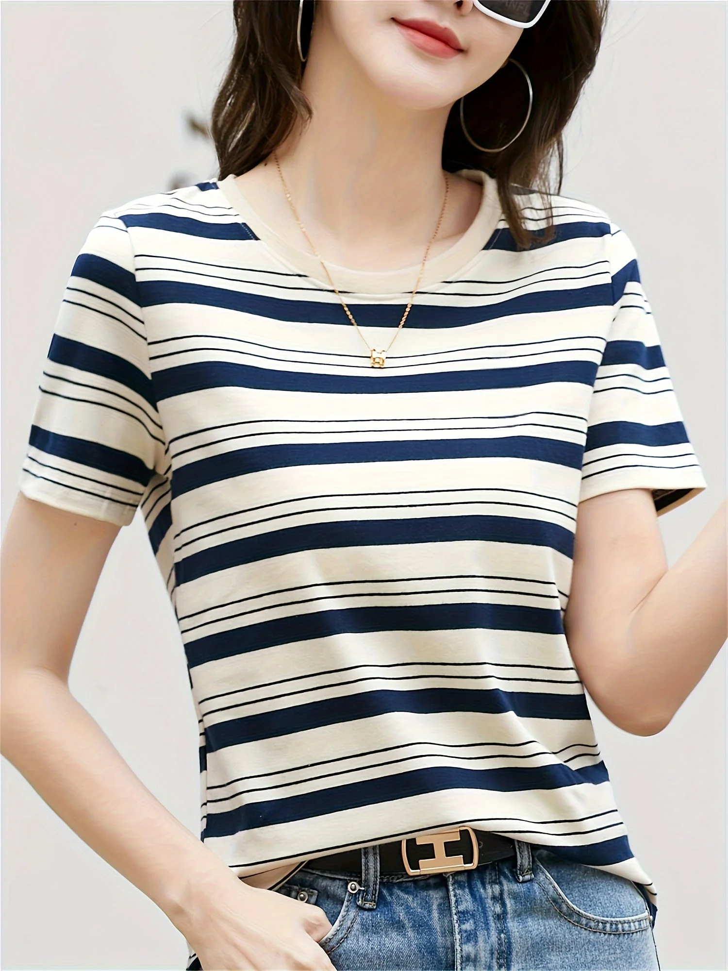 Damen Streifen T-Shirt Kurzarm – Zeitloses Basic für Alltag und Freizeit - Image 9