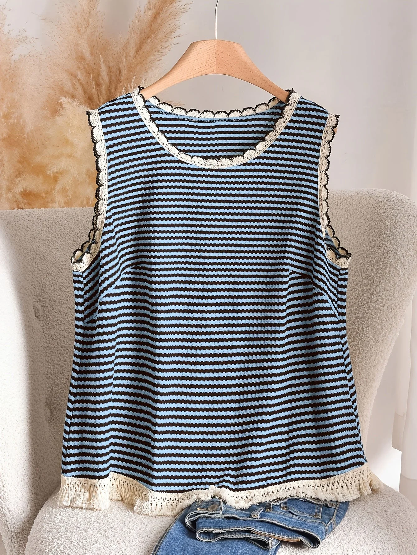 Damen Strick-Tanktop im Boho-Stil mit Streifen und Fransen – Elegantes Freizeit-Oberteil für Frühling und Sommer