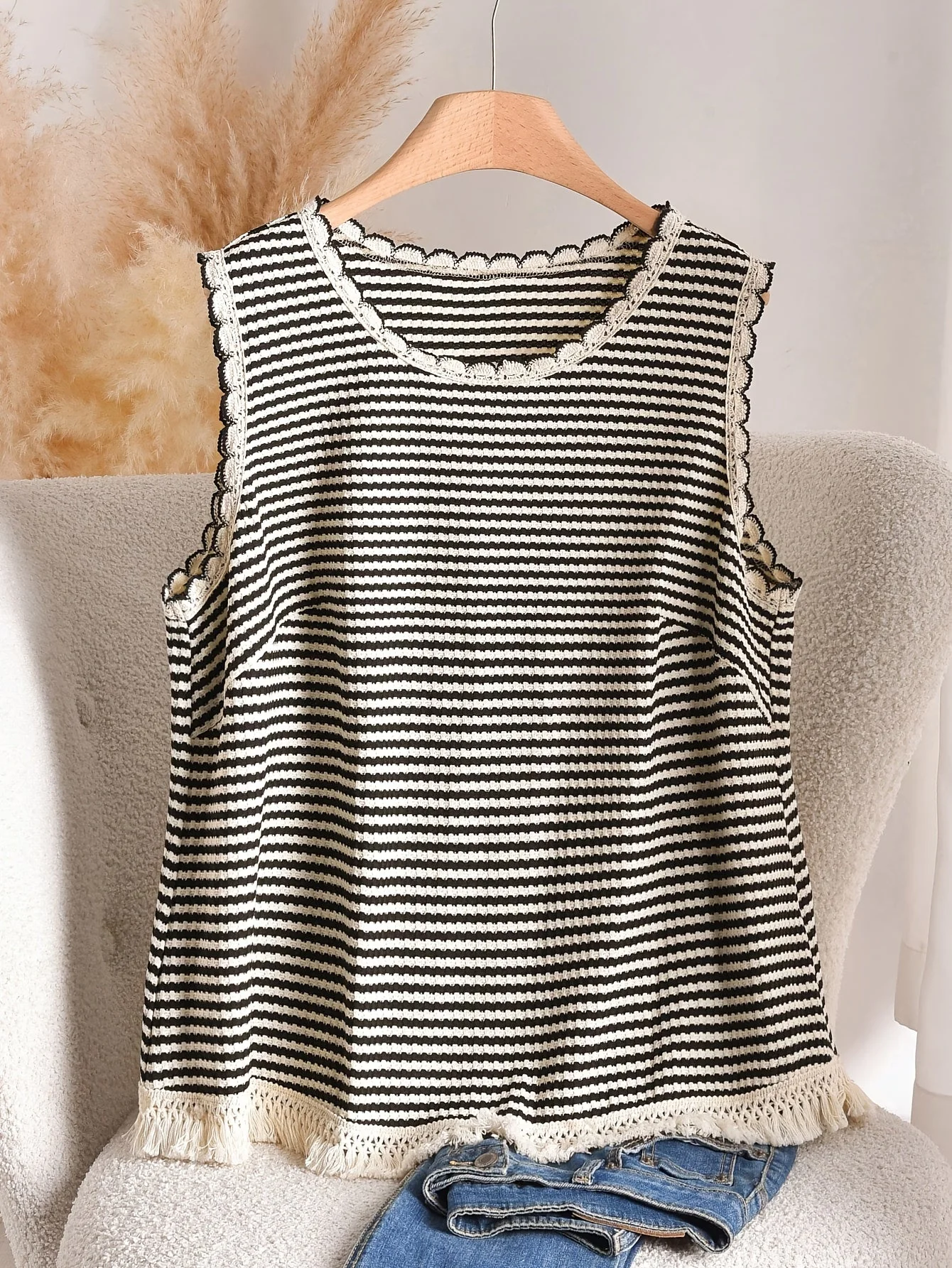 Damen Strick-Tanktop im Boho-Stil mit Streifen und Fransen – Elegantes Freizeit-Oberteil für Frühling und Sommer - Image 2