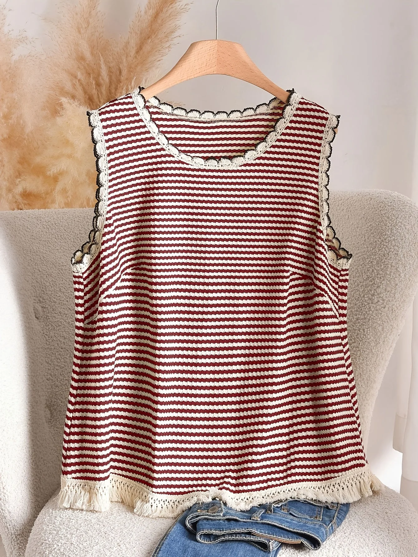 Damen Strick-Tanktop im Boho-Stil mit Streifen und Fransen – Elegantes Freizeit-Oberteil für Frühling und Sommer - Image 3
