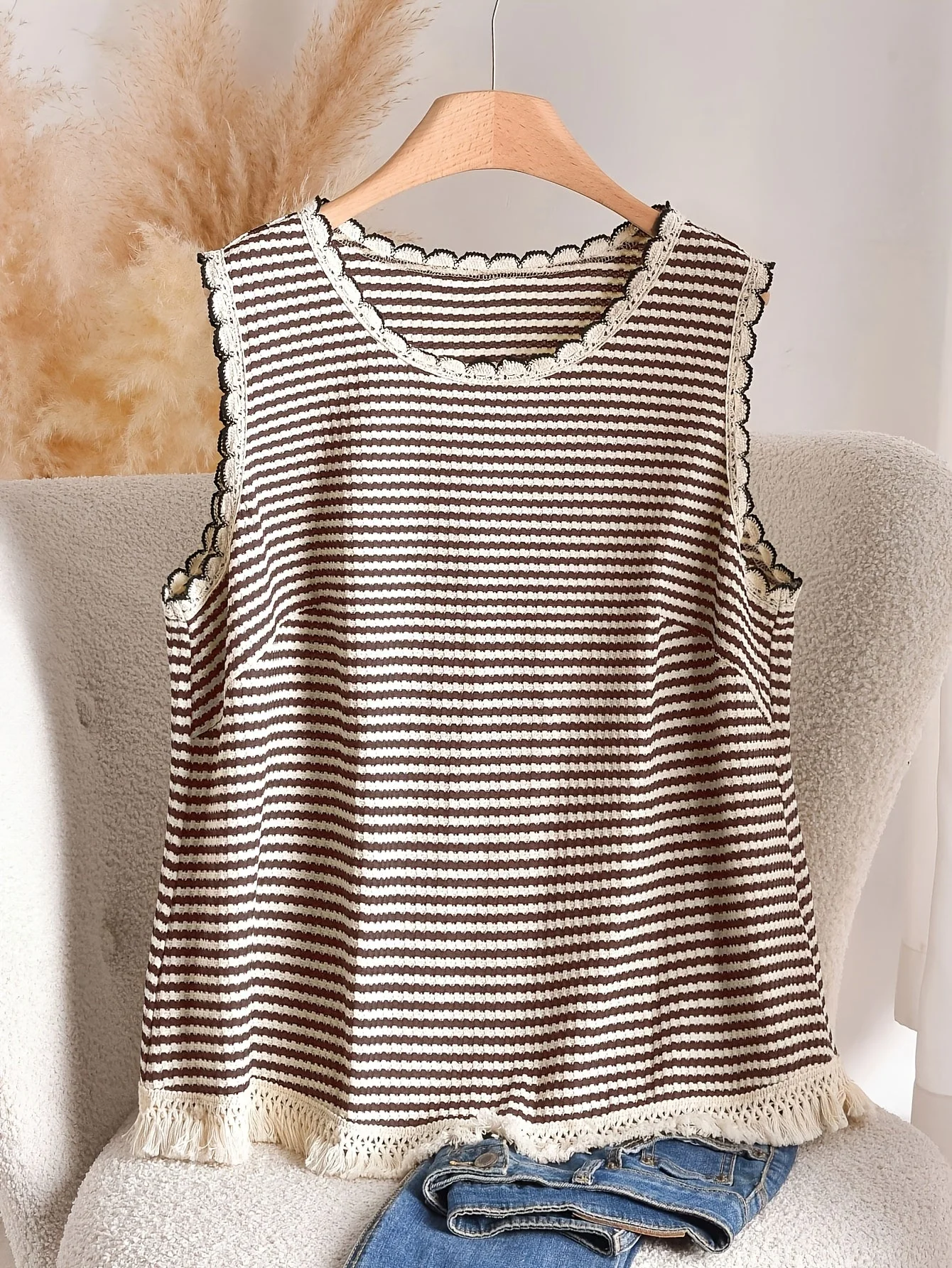 Damen Strick-Tanktop im Boho-Stil mit Streifen und Fransen – Elegantes Freizeit-Oberteil für Frühling und Sommer - Image 4