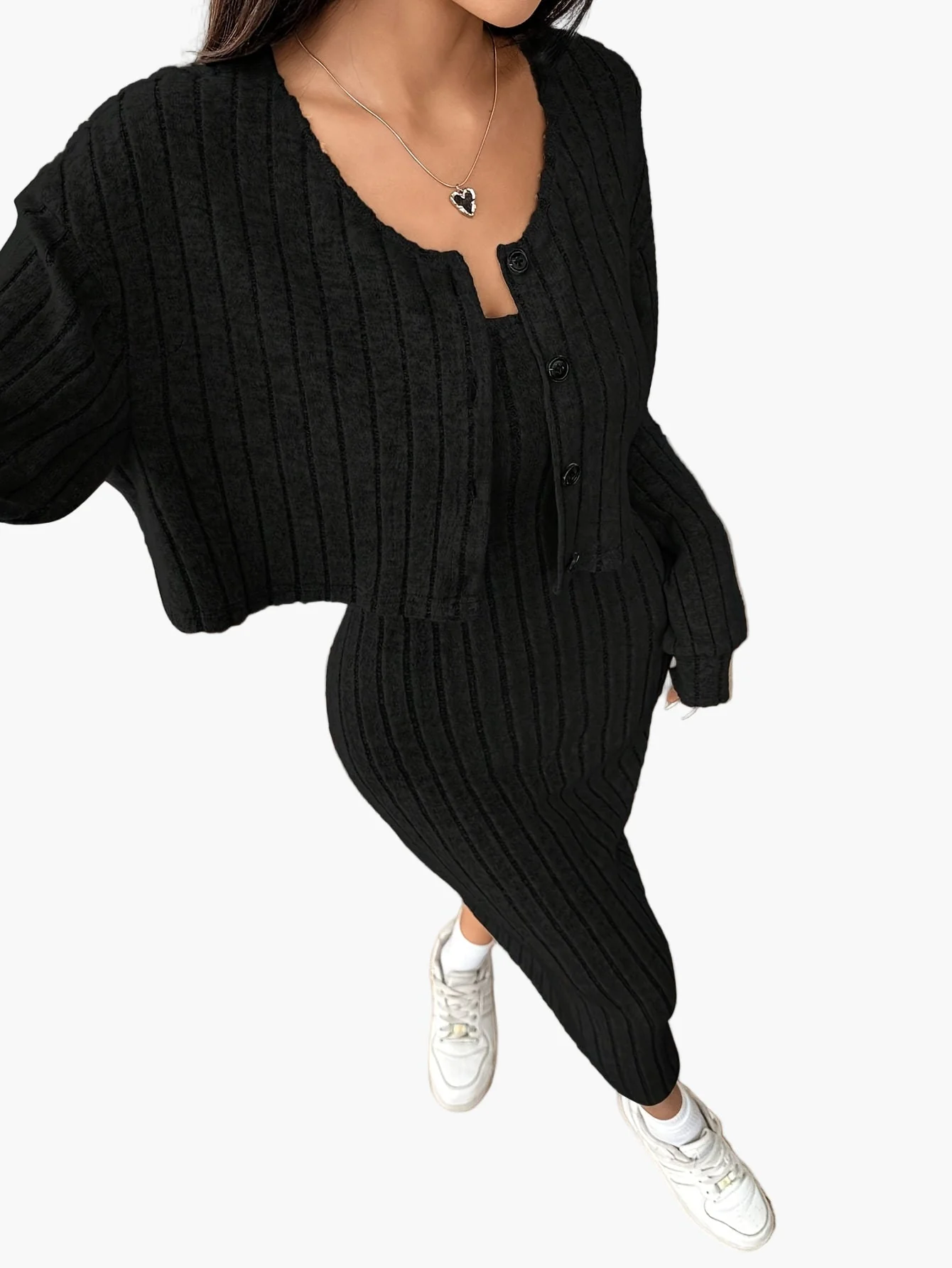 Damen Strick Zweiteiler Set Elegant mit Knopfleiste – Cardigan und Midikleid, Perfekt für Alltag und Büro