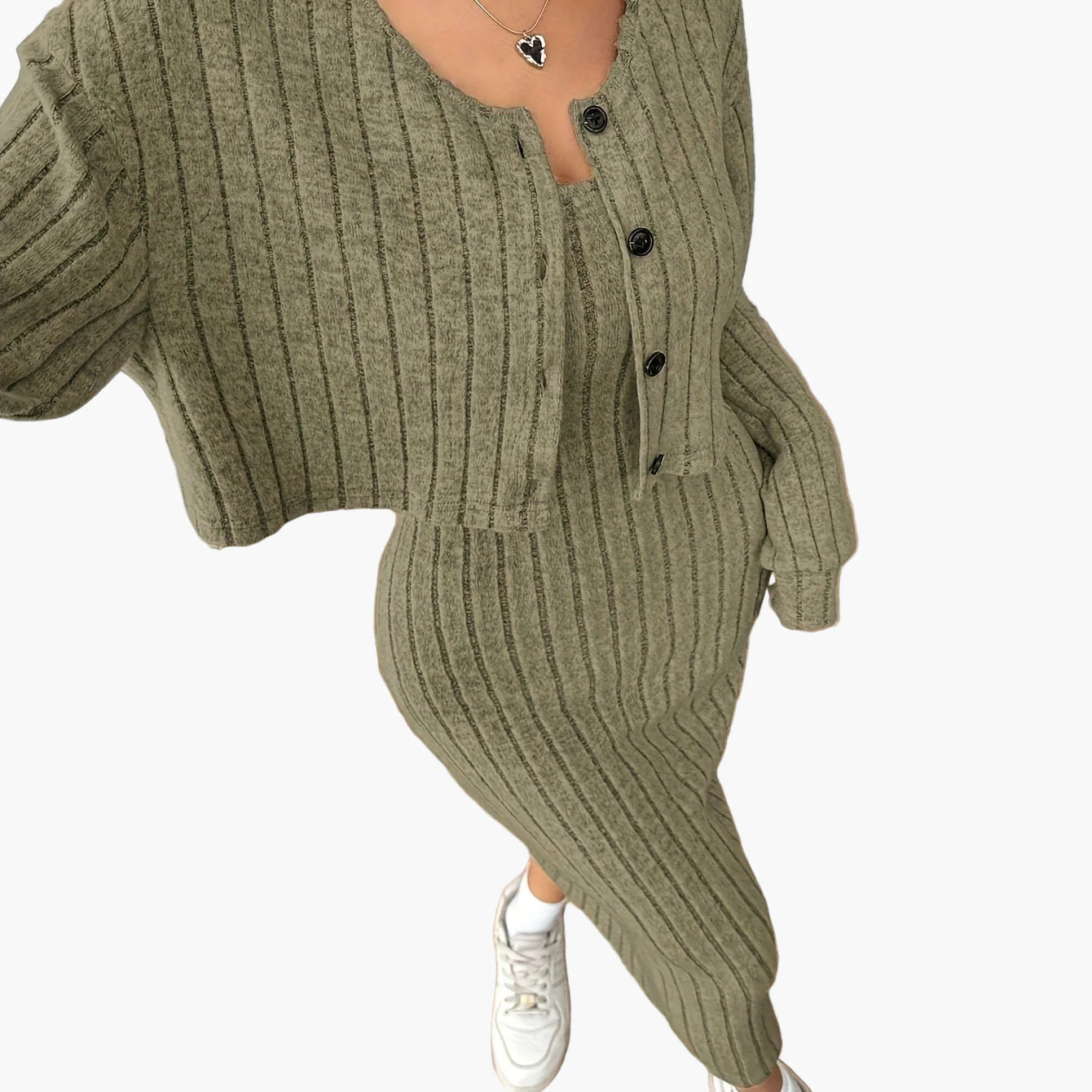 Damen Strick Zweiteiler Set Elegant mit Knopfleiste – Cardigan und Midikleid, Perfekt für Alltag und Büro - Image 11