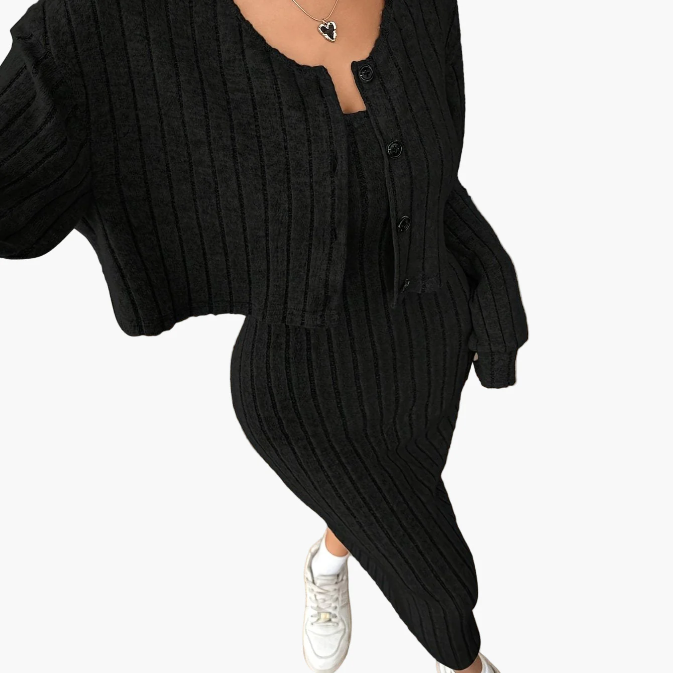 Damen Strick Zweiteiler Set Elegant mit Knopfleiste – Cardigan und Midikleid, Perfekt für Alltag und Büro - Image 12