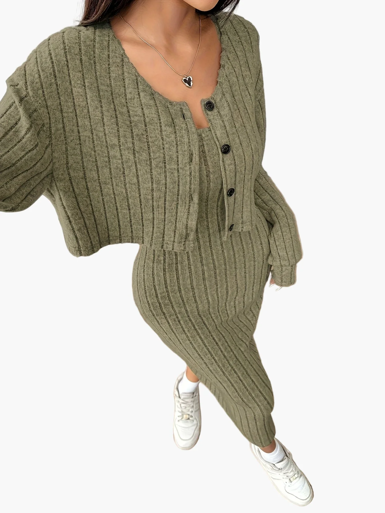 Damen Strick Zweiteiler Set Elegant mit Knopfleiste – Cardigan und Midikleid, Perfekt für Alltag und Büro - Image 2