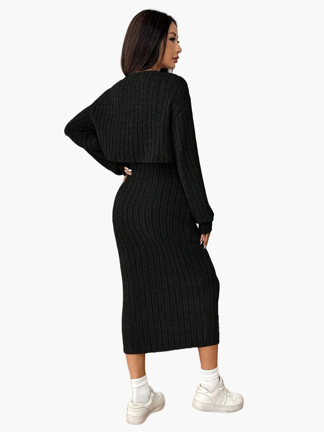 Damen Strick Zweiteiler Set Elegant mit Knopfleiste – Cardigan und Midikleid, Perfekt für Alltag und Büro - Image 3