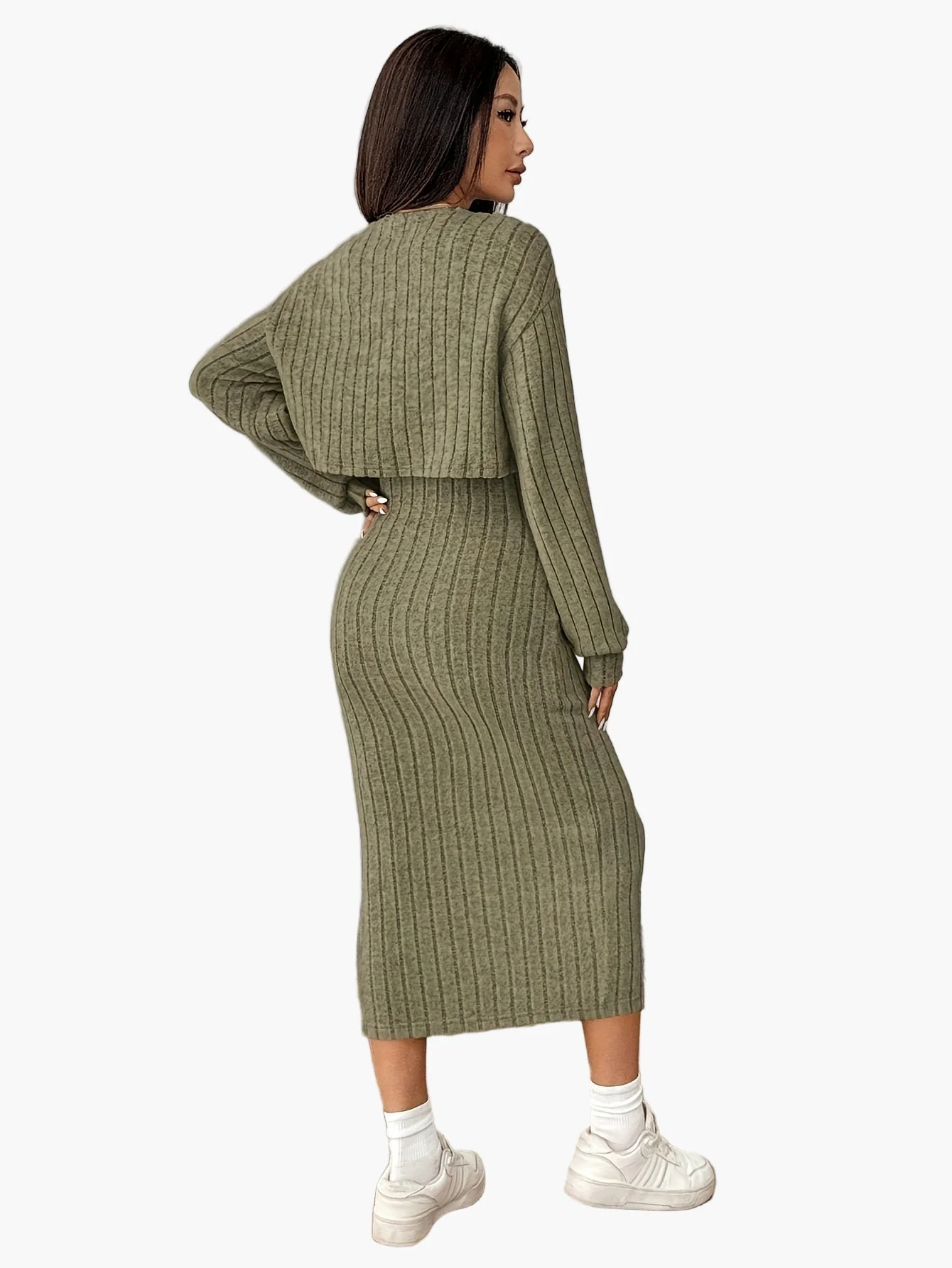 Damen Strick Zweiteiler Set Elegant mit Knopfleiste – Cardigan und Midikleid, Perfekt für Alltag und Büro - Image 4