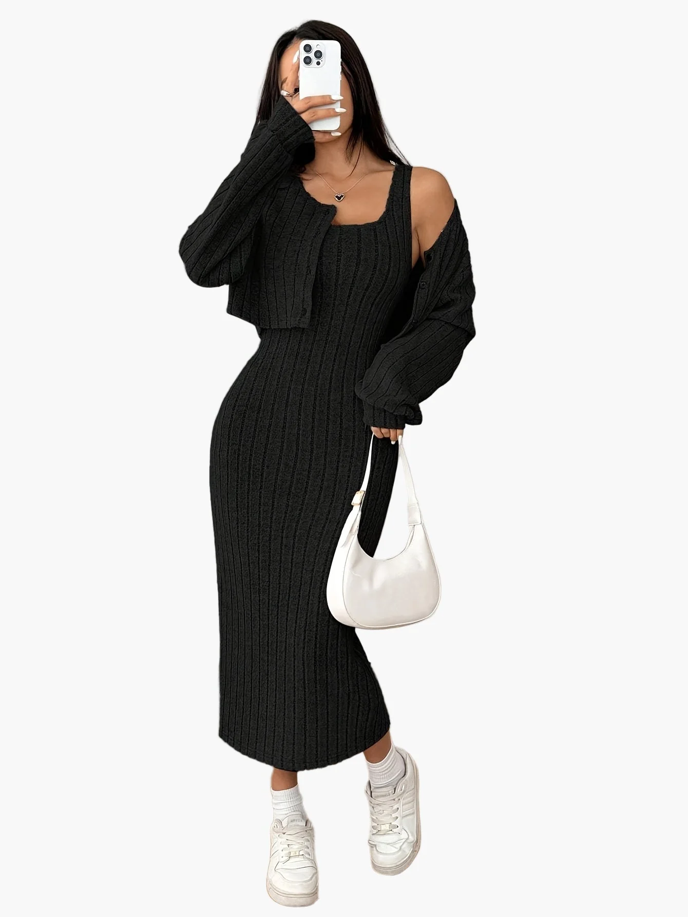Damen Strick Zweiteiler Set Elegant mit Knopfleiste – Cardigan und Midikleid, Perfekt für Alltag und Büro - Image 5