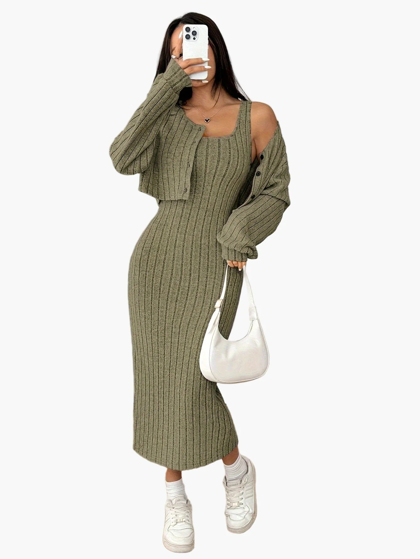 Damen Strick Zweiteiler Set Elegant mit Knopfleiste – Cardigan und Midikleid, Perfekt für Alltag und Büro - Image 6
