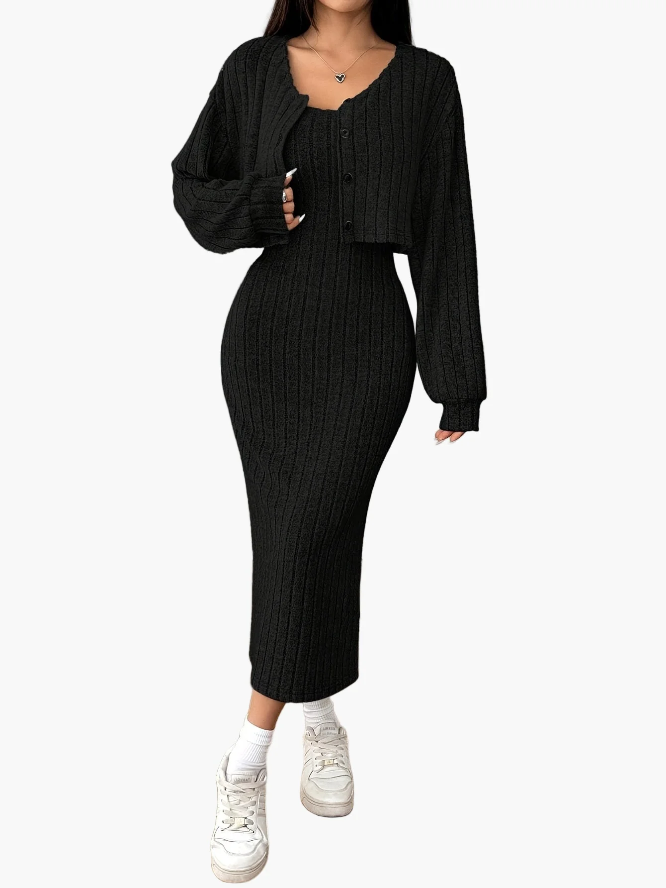 Damen Strick Zweiteiler Set Elegant mit Knopfleiste – Cardigan und Midikleid, Perfekt für Alltag und Büro - Image 7