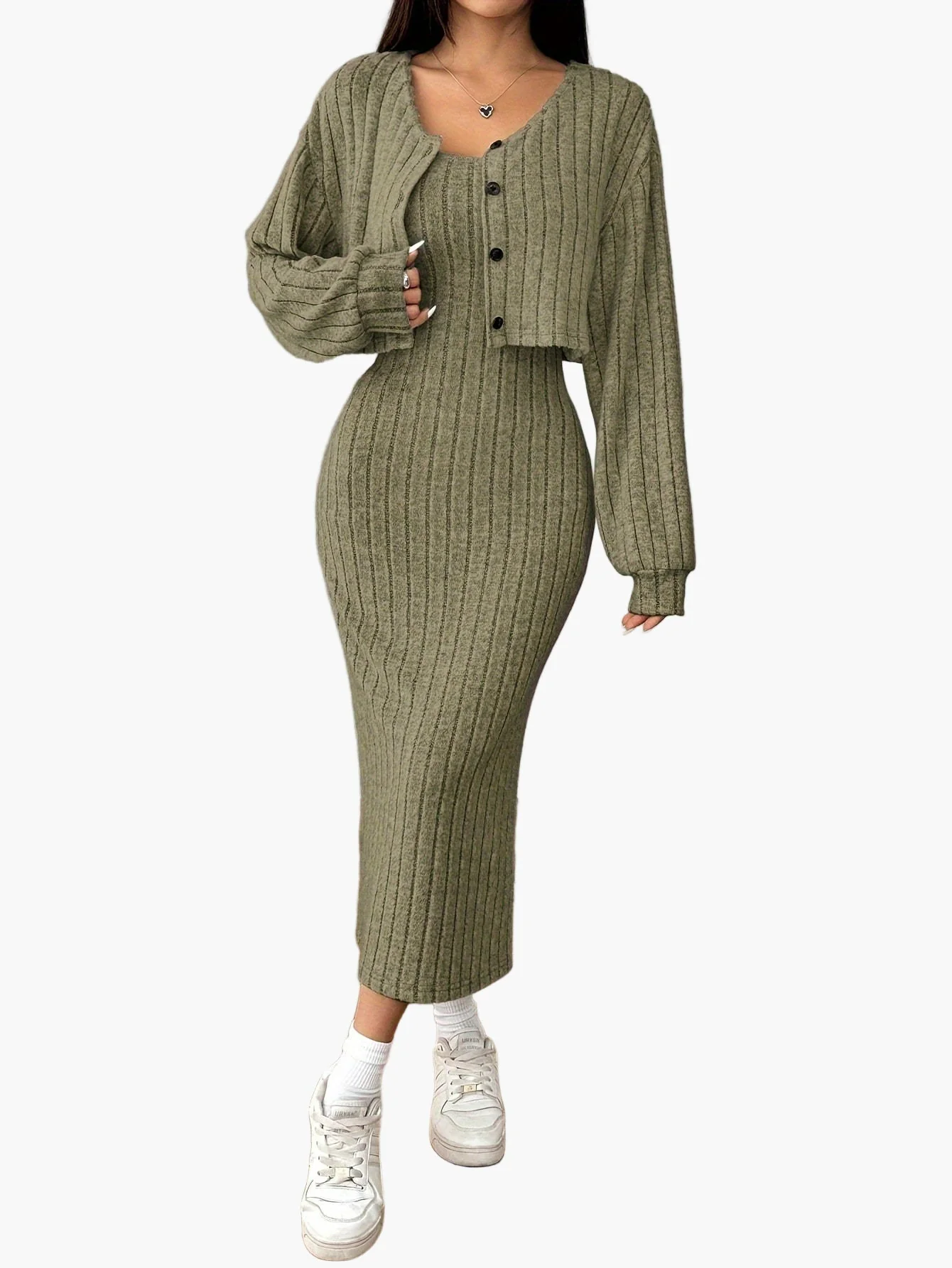 Damen Strick Zweiteiler Set Elegant mit Knopfleiste – Cardigan und Midikleid, Perfekt für Alltag und Büro - Image 8