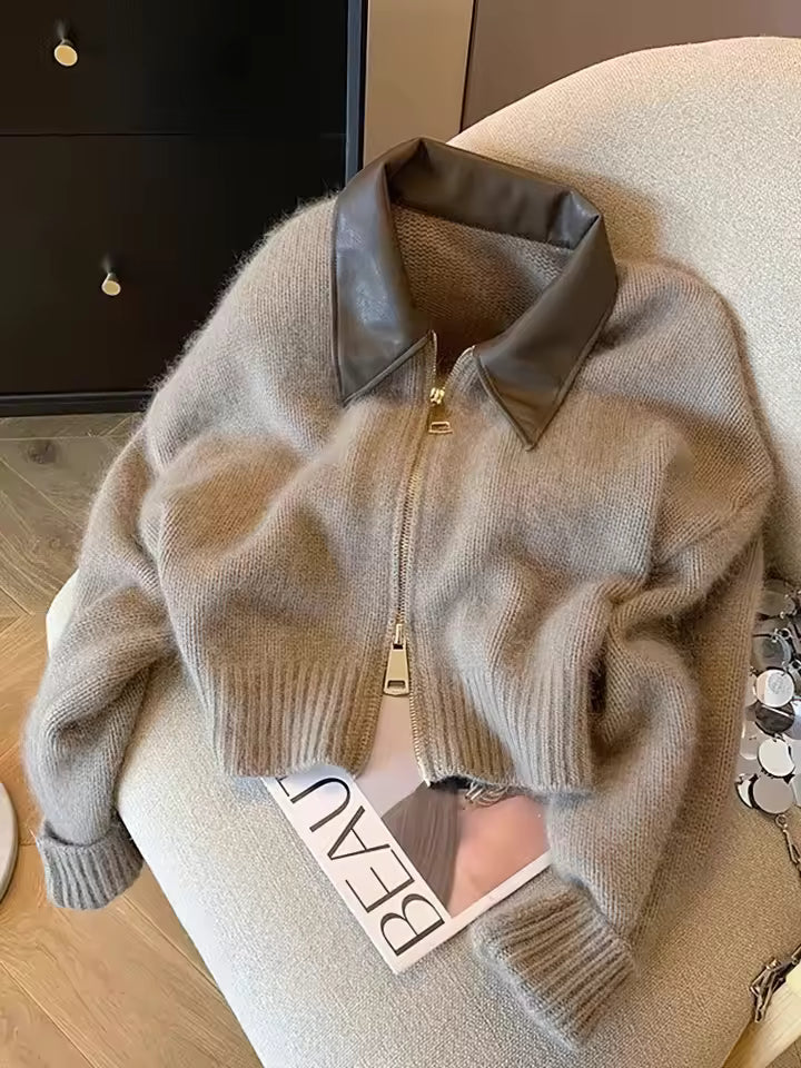 Damen Strickjacke mit Reißverschluss und Kontrastkragen – Modischer Cropped Cardigan für Alltag und Freizeit - Image 2