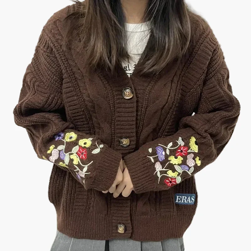 Damen Strickjacke im Vintage-Stil mit floraler Stickerei – Lässige Freizeitmode