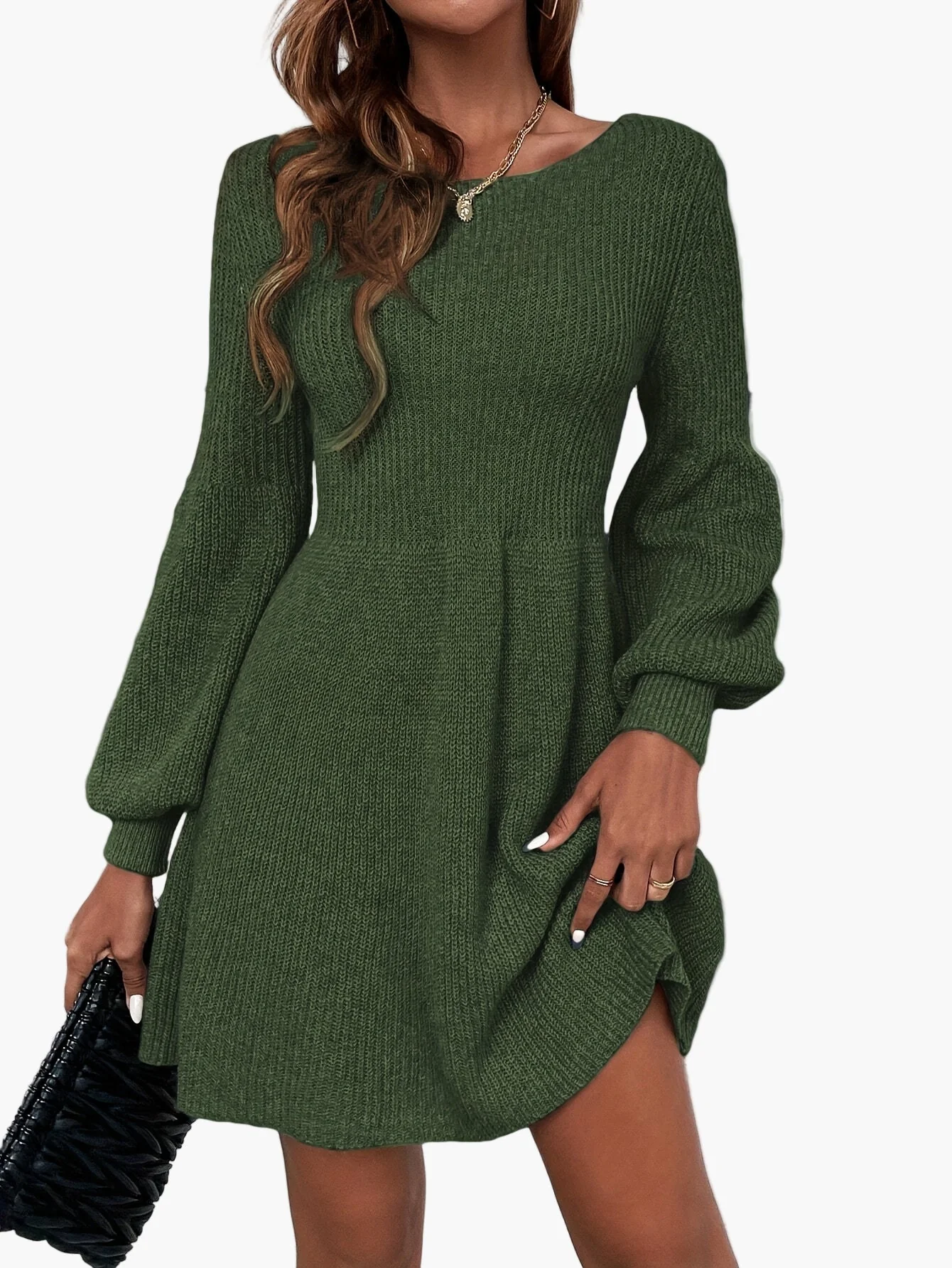 Damen Strickkleid Elegant mit Ballonärmeln und Rundhalsausschnitt – Perfekt für Alltag und Freizeit - Image 3