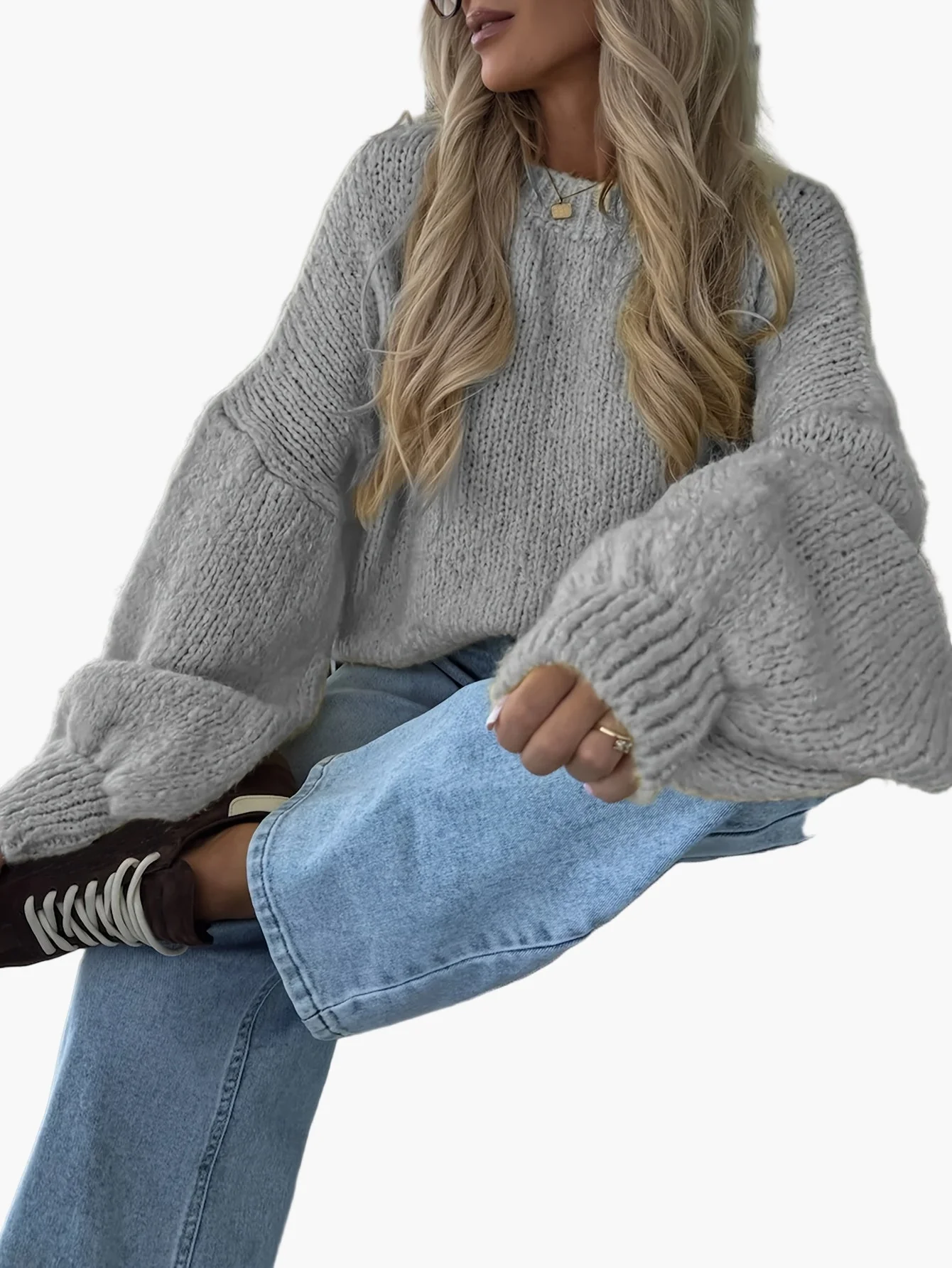 Damen Strickpullover mit Ballonärmeln und lockerem Schnitt – Modischer Freizeitlook für Herbst & Winter - Image 2