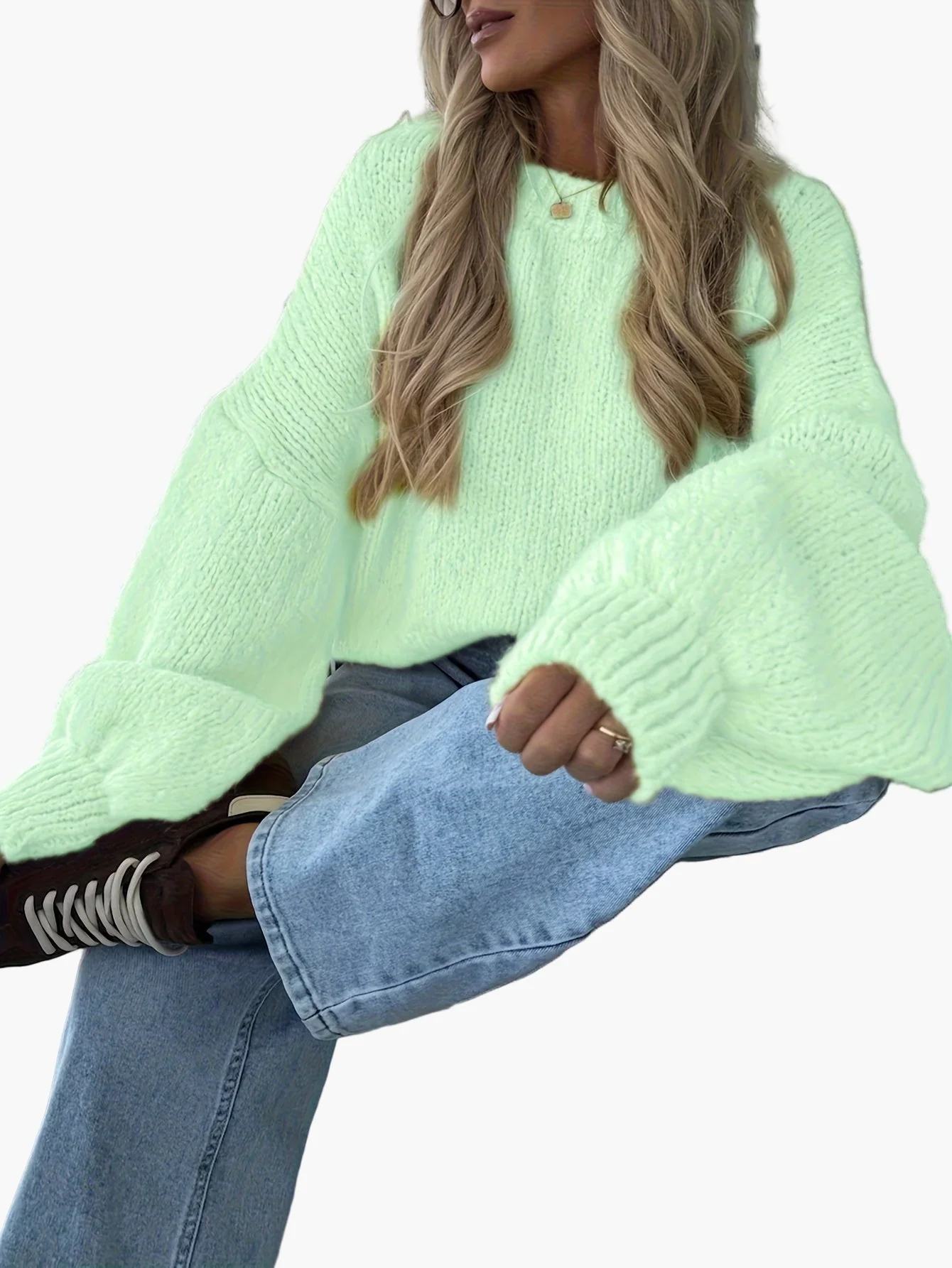 Damen Strickpullover mit Ballonärmeln und lockerem Schnitt – Modischer Freizeitlook für Herbst & Winter - Image 3