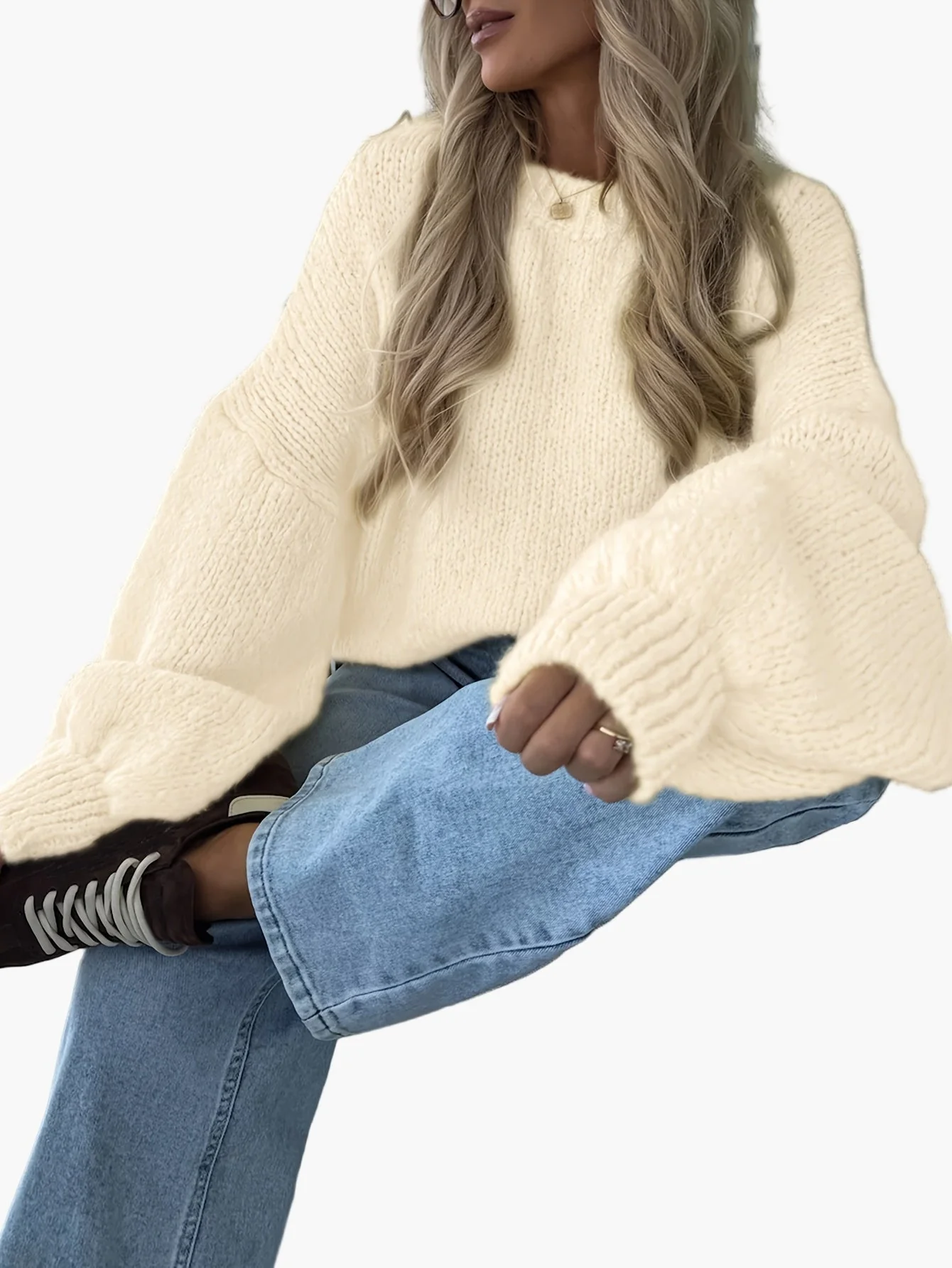Damen Strickpullover mit Ballonärmeln und lockerem Schnitt – Modischer Freizeitlook für Herbst & Winter - Image 5