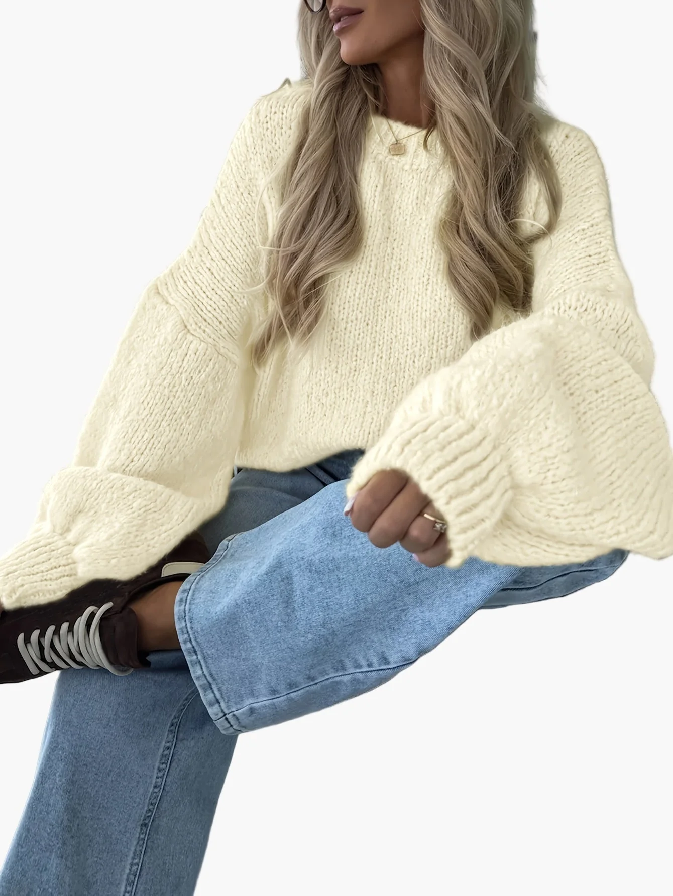 Damen Strickpullover mit Ballonärmeln und lockerem Schnitt – Modischer Freizeitlook für Herbst & Winter - Image 7