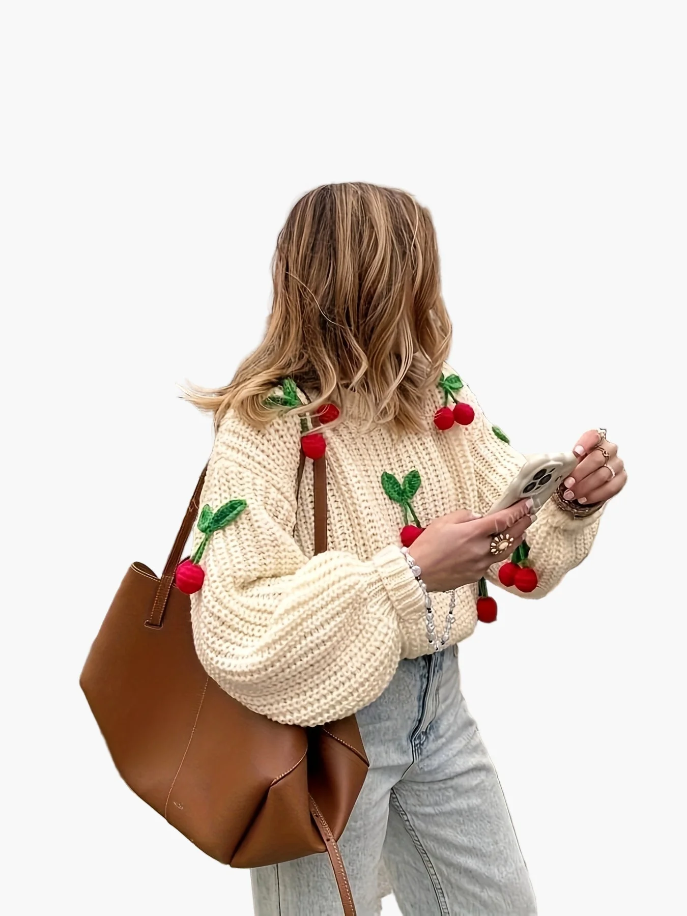 Damen Strickpullover mit Kirschen-Stickerei und Ballonärmeln – Verspielter Herbst/Winter Casual Look - Image 2