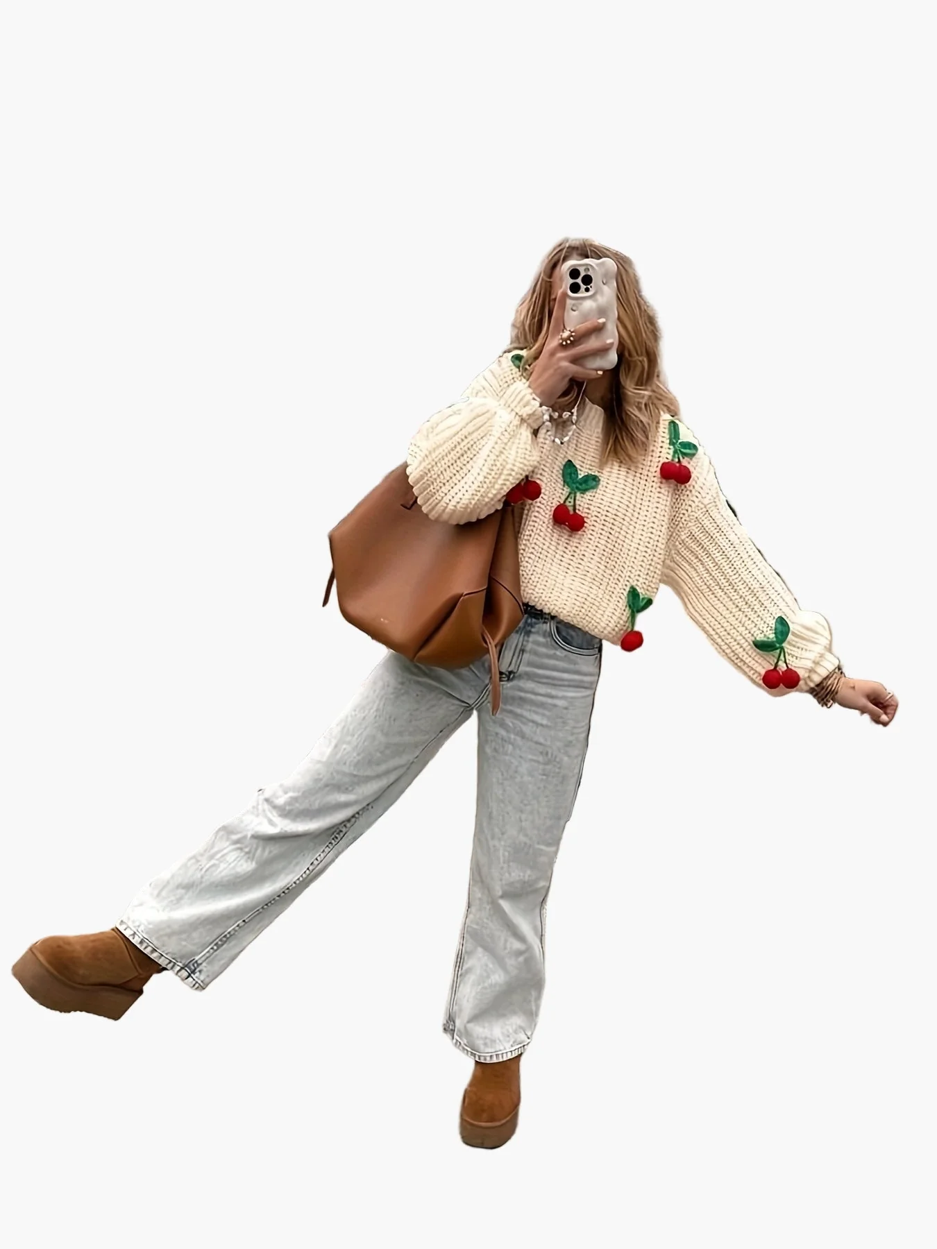 Damen Strickpullover mit Kirschen-Stickerei und Ballonärmeln – Verspielter Herbst/Winter Casual Look - Image 3