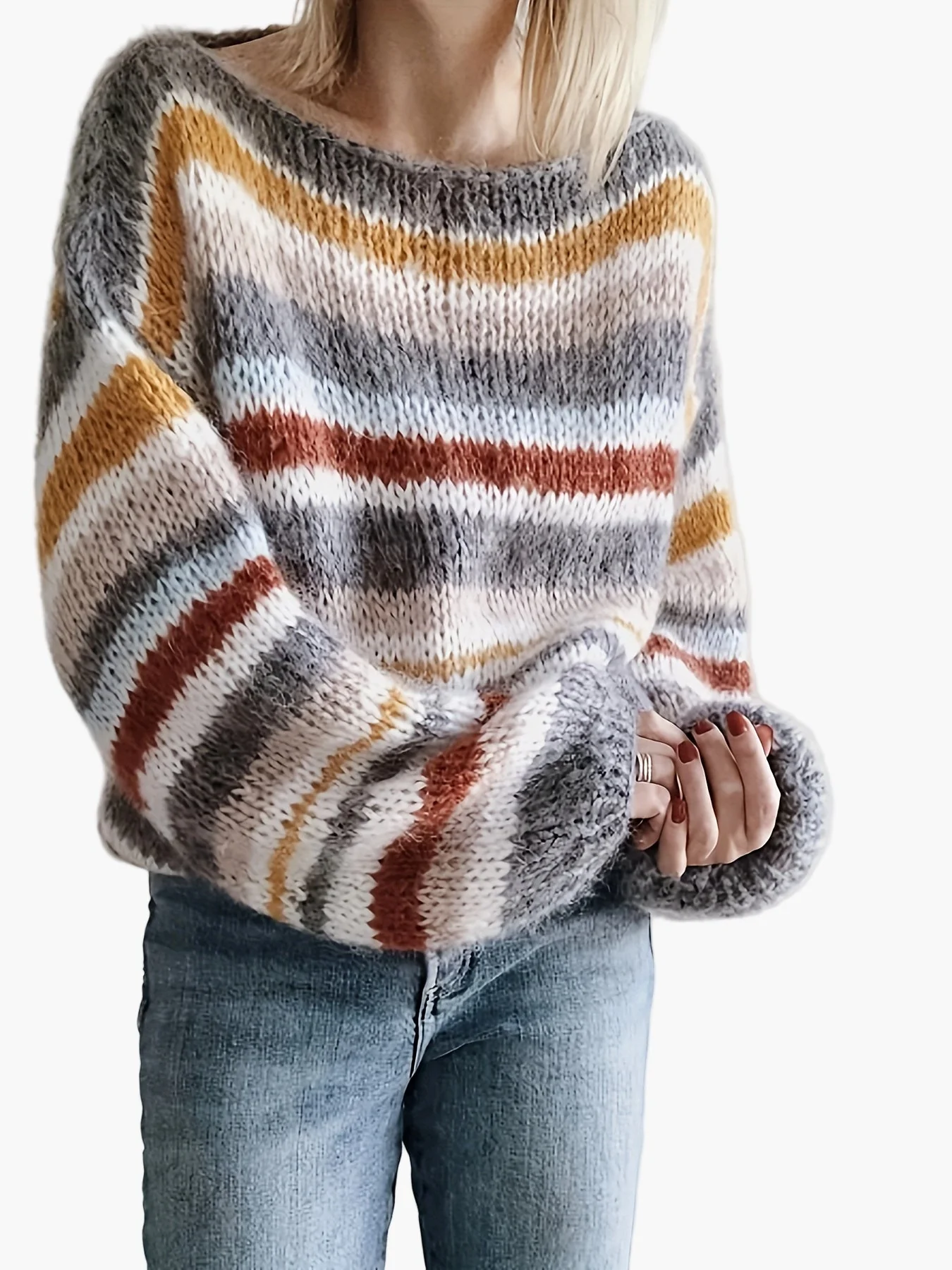Damen Strickpullover im lässigen Oversize-Stil mit Streifen – Perfekt für Herbst und Winter