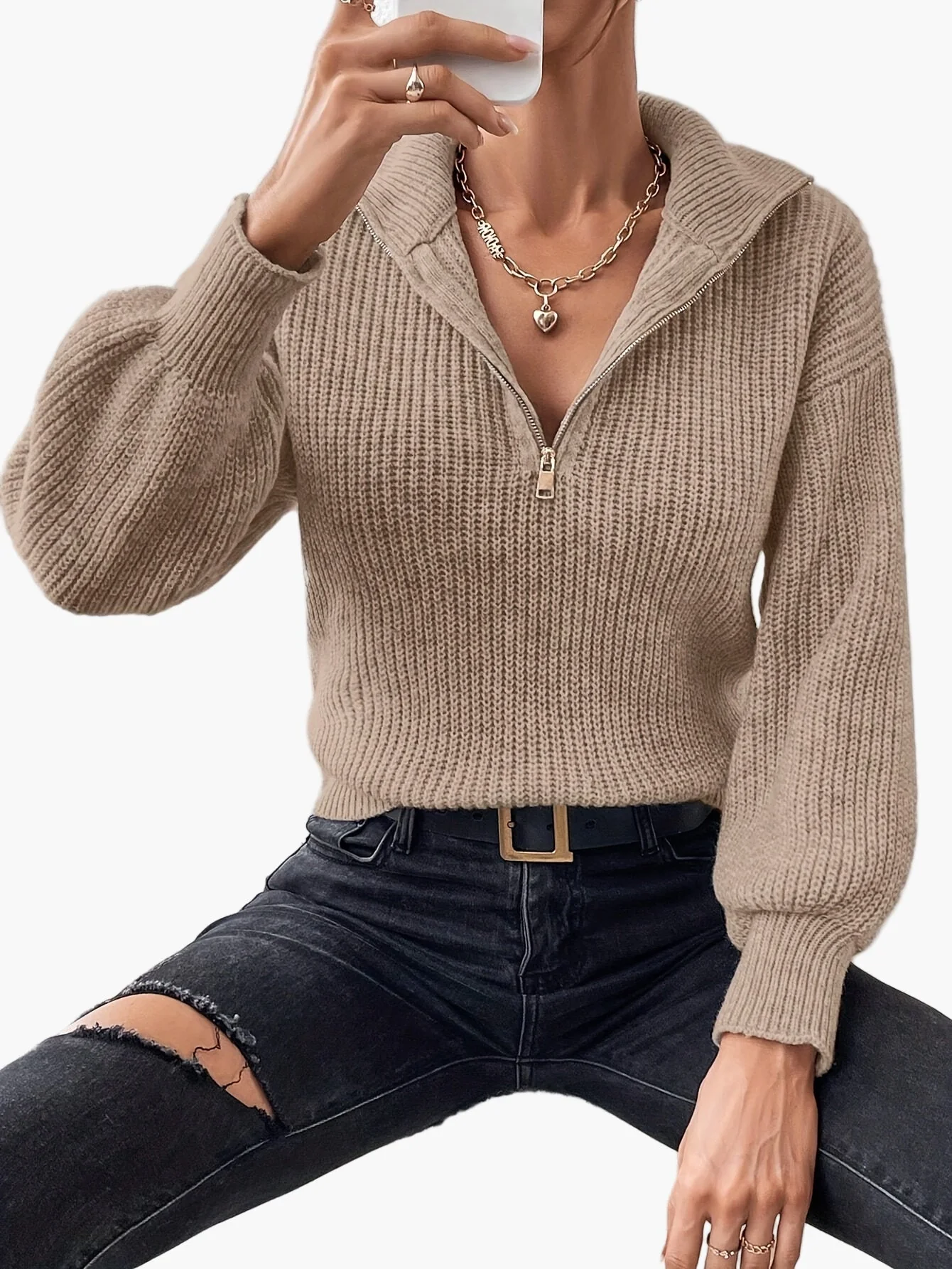 Damen Strickpullover mit Reißverschluss und Ballonärmeln – Eleganter Freizeit-Look - Image 2