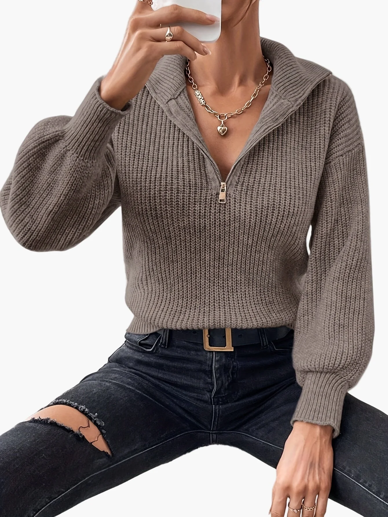 Damen Strickpullover mit Reißverschluss und Ballonärmeln – Eleganter Freizeit-Look - Image 3