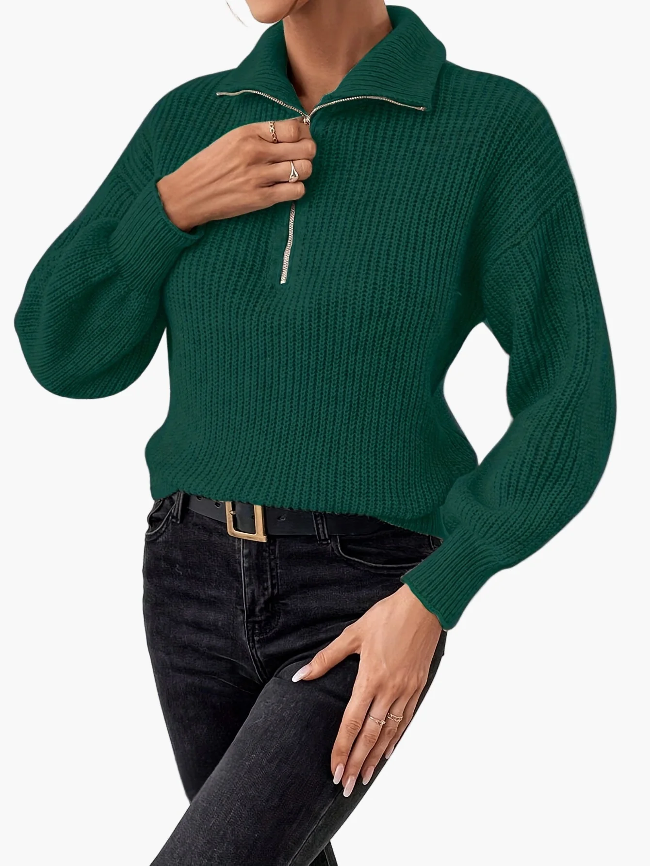 Damen Strickpullover mit Reißverschluss und Ballonärmeln – Eleganter Freizeit-Look - Image 7