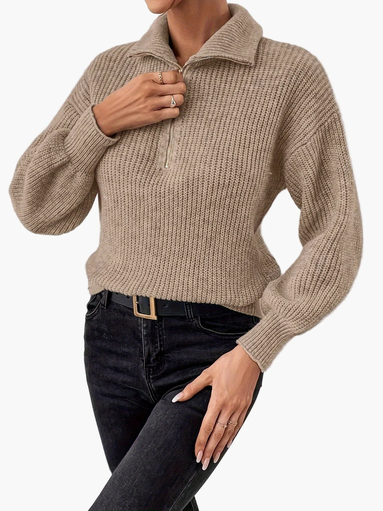 Damen Strickpullover mit Reißverschluss und Ballonärmeln – Eleganter Freizeit-Look - Image 8