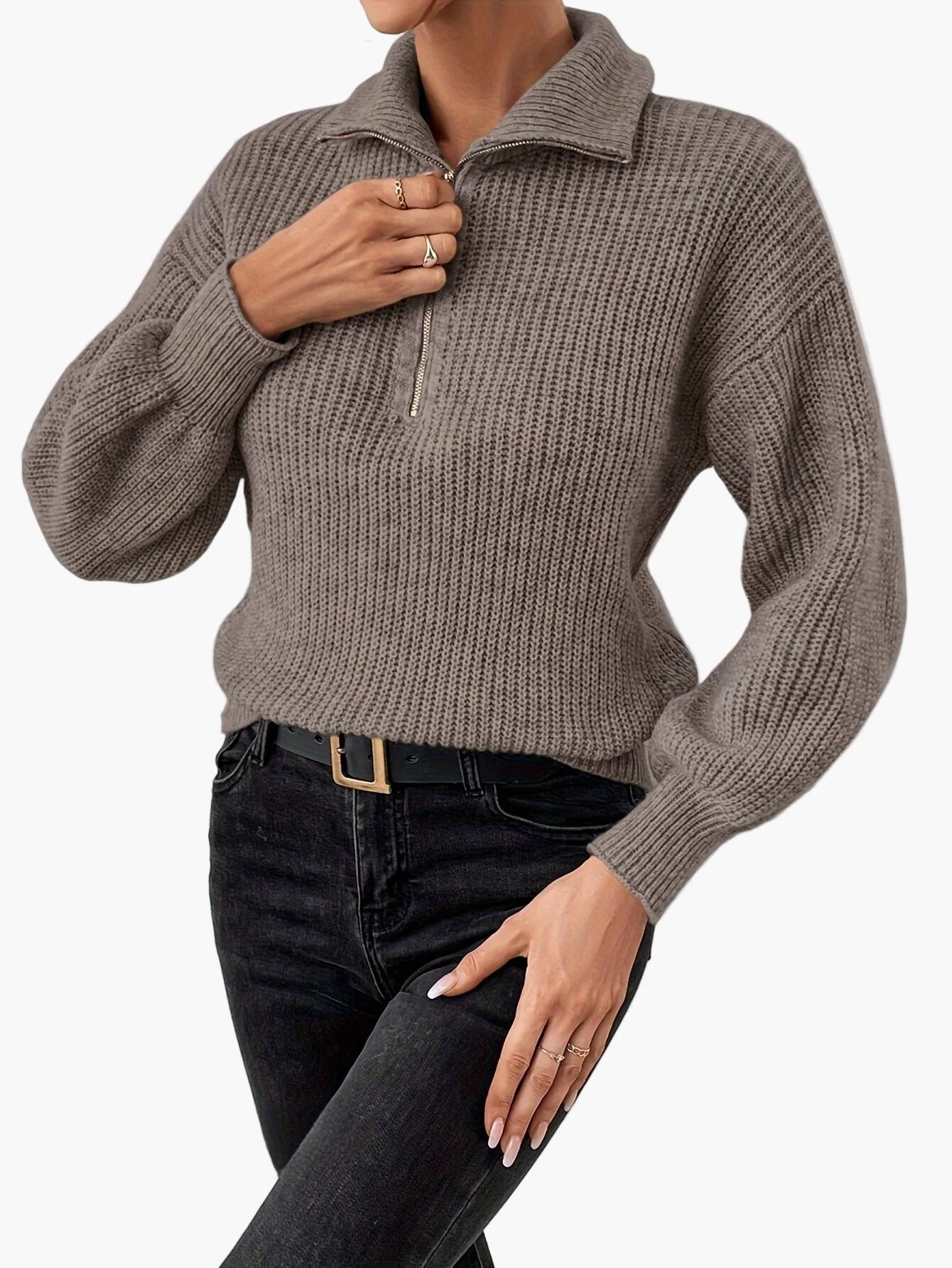 Damen Strickpullover mit Reißverschluss und Ballonärmeln – Eleganter Freizeit-Look - Image 9