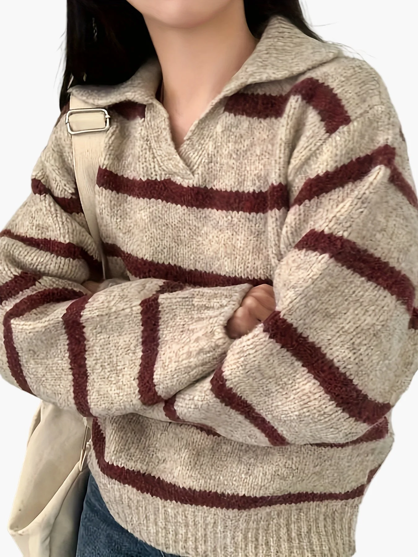 Damen Strickpullover mit Streifenmuster und Polokragen – Eleganter Herbst/Winter Freizeit-Look - Image 2