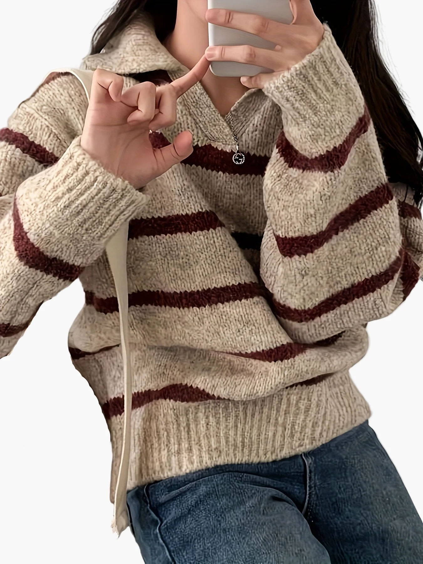 Damen Strickpullover mit Streifenmuster und Polokragen – Eleganter Herbst/Winter Freizeit-Look - Image 6
