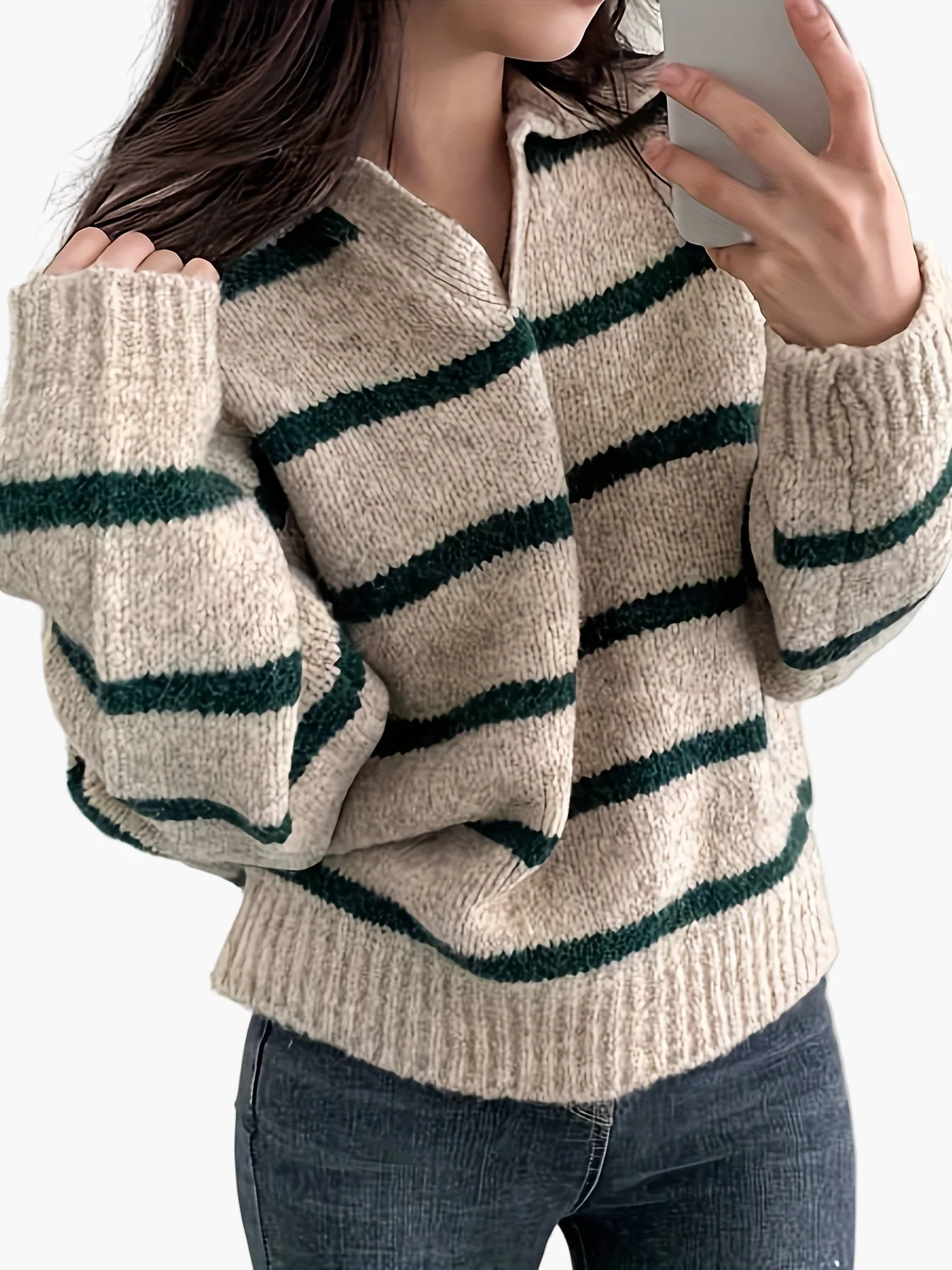 Damen Strickpullover mit Streifenmuster und Polokragen – Eleganter Herbst/Winter Freizeit-Look - Image 7