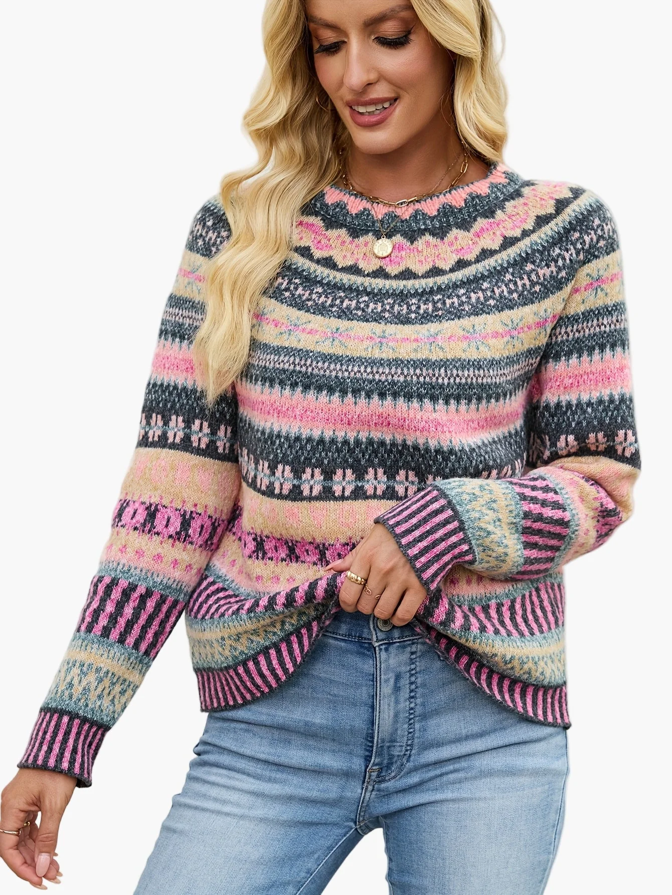 Damen Strickpullover im Norwegerstil – Eleganter Winterpullover mit Muster für Alltag und Freizeit - Image 9