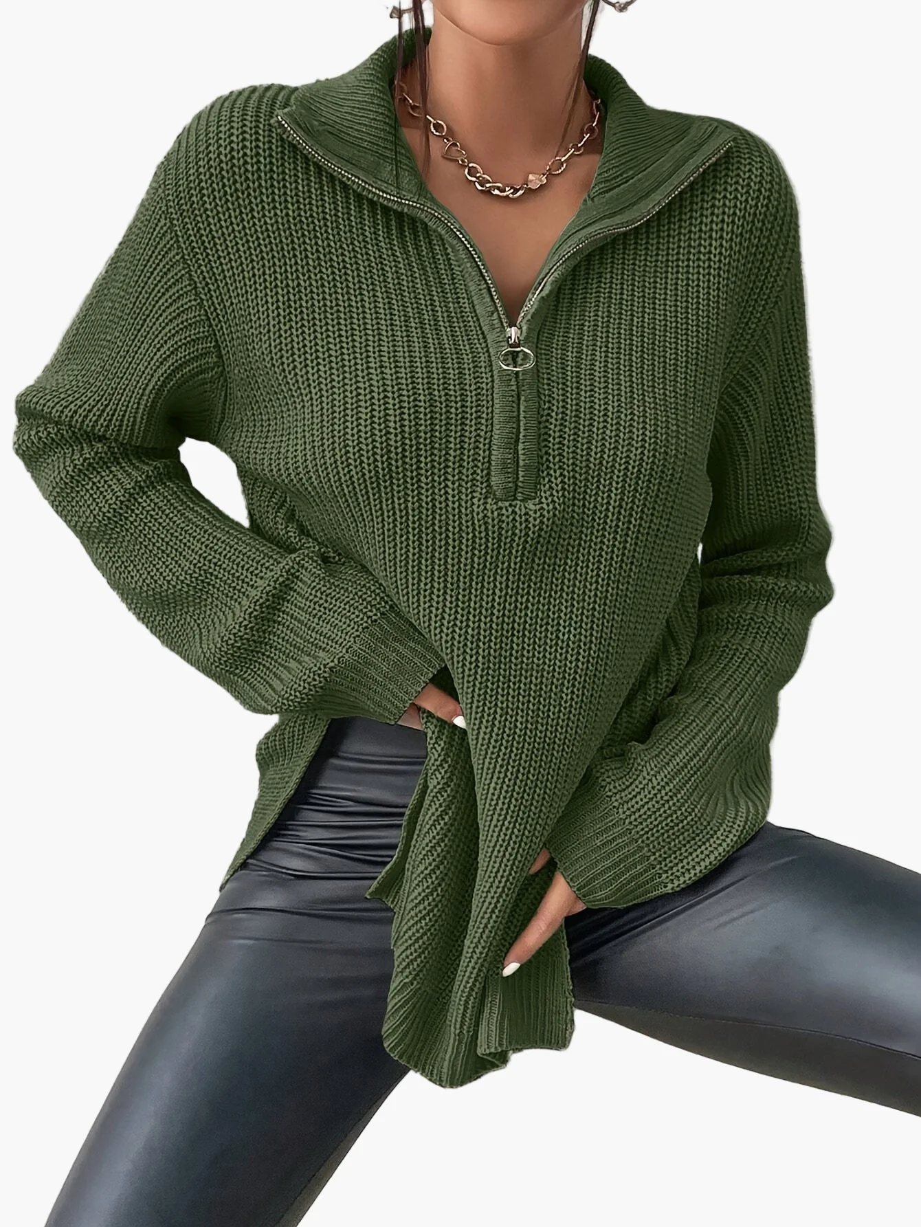 Damen Strickpullover mit Reißverschluss und hohem Kragen – Modischer Oversize-Pullover für Herbst und Winter - Image 10