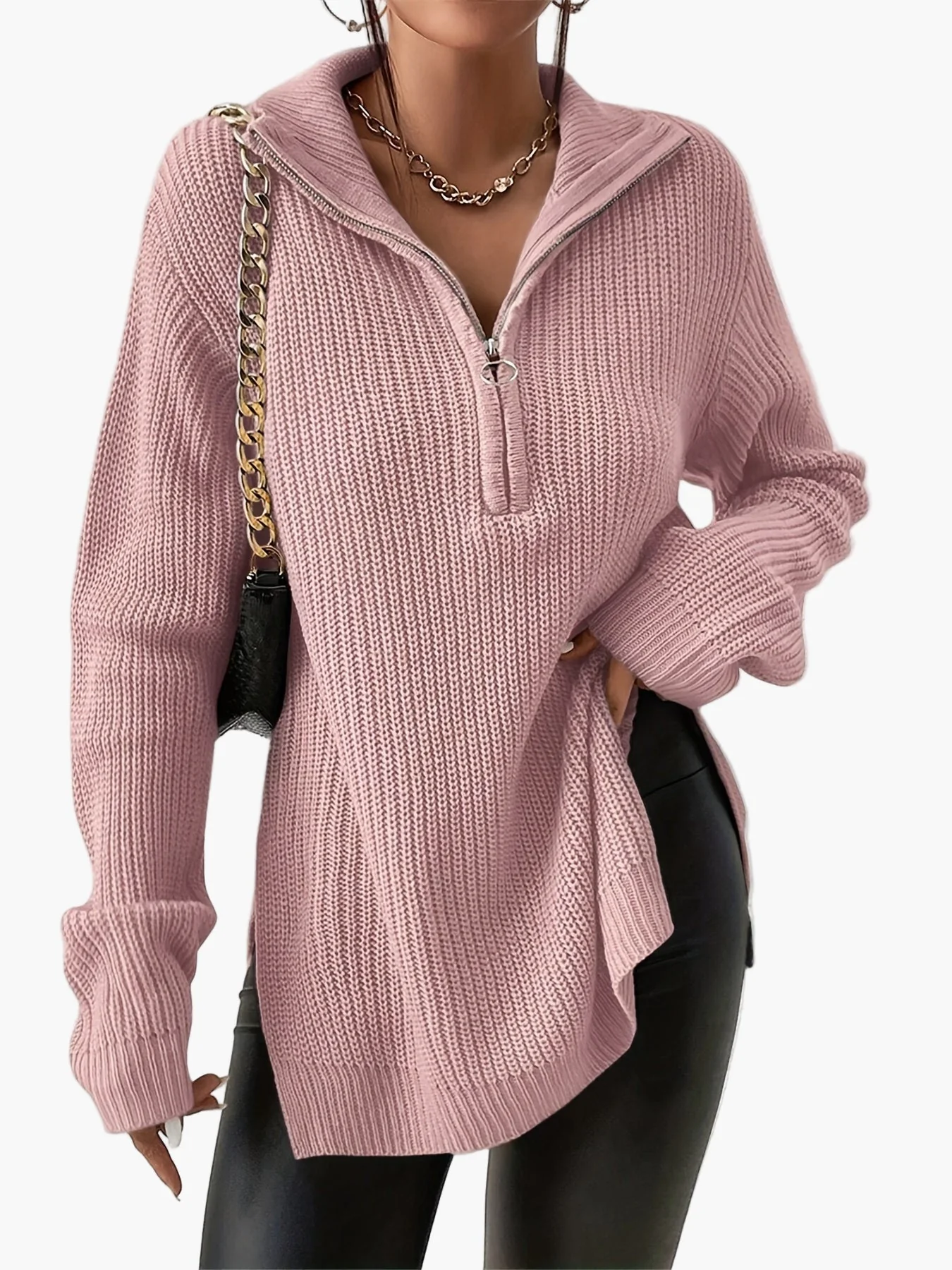 Damen Strickpullover mit Reißverschluss und hohem Kragen – Modischer Oversize-Pullover für Herbst und Winter - Image 2