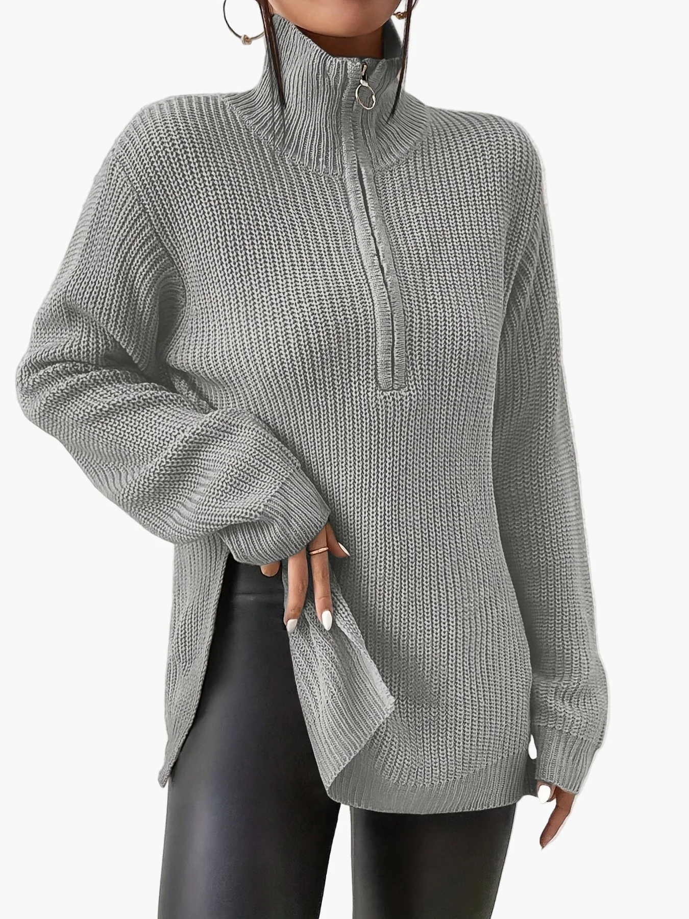 Damen Strickpullover mit Reißverschluss und hohem Kragen – Modischer Oversize-Pullover für Herbst und Winter - Image 9