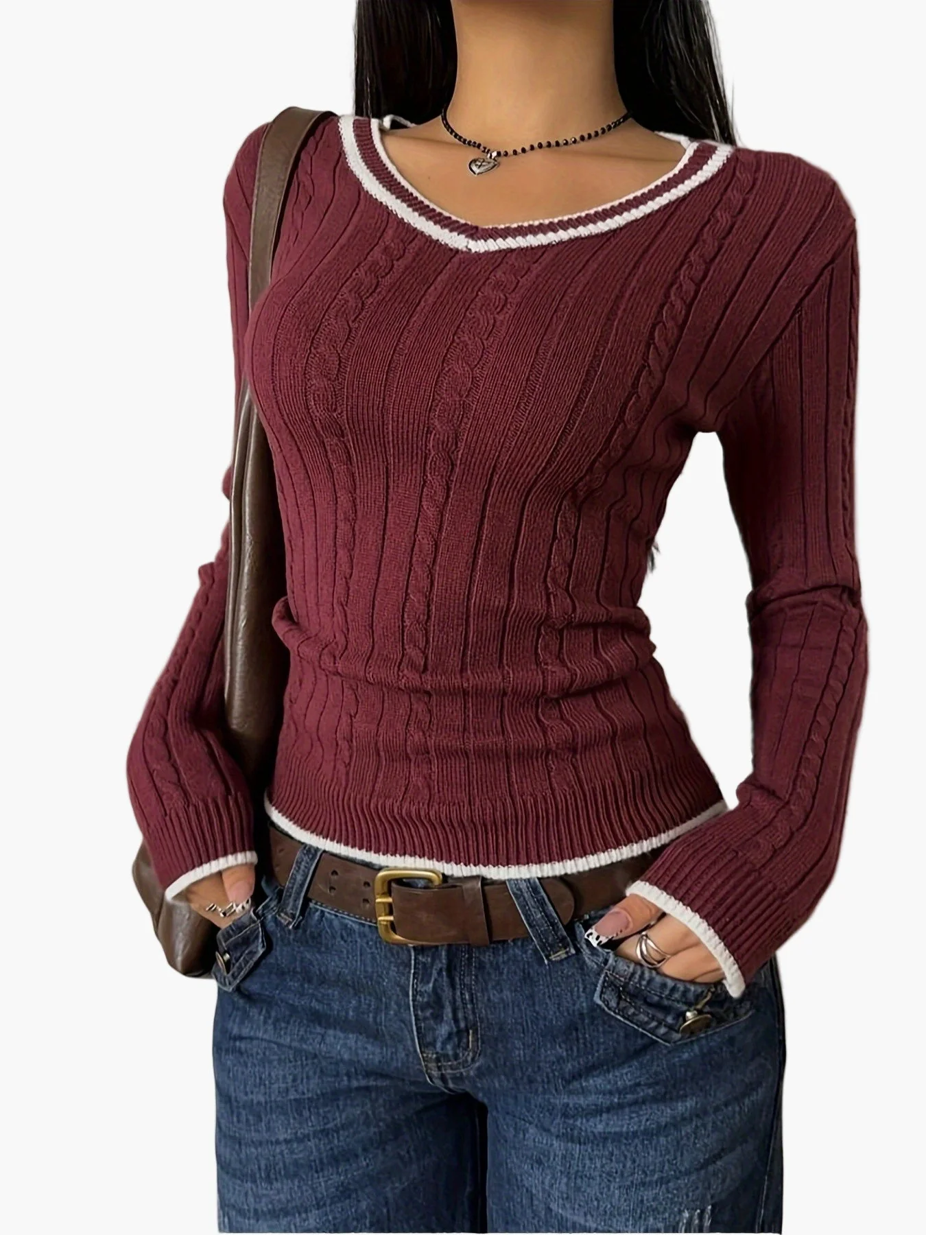 Damen Strickpullover im Vintage-Stil mit V-Ausschnitt – Figurbetont, Alltag & Freizeit - Image 3