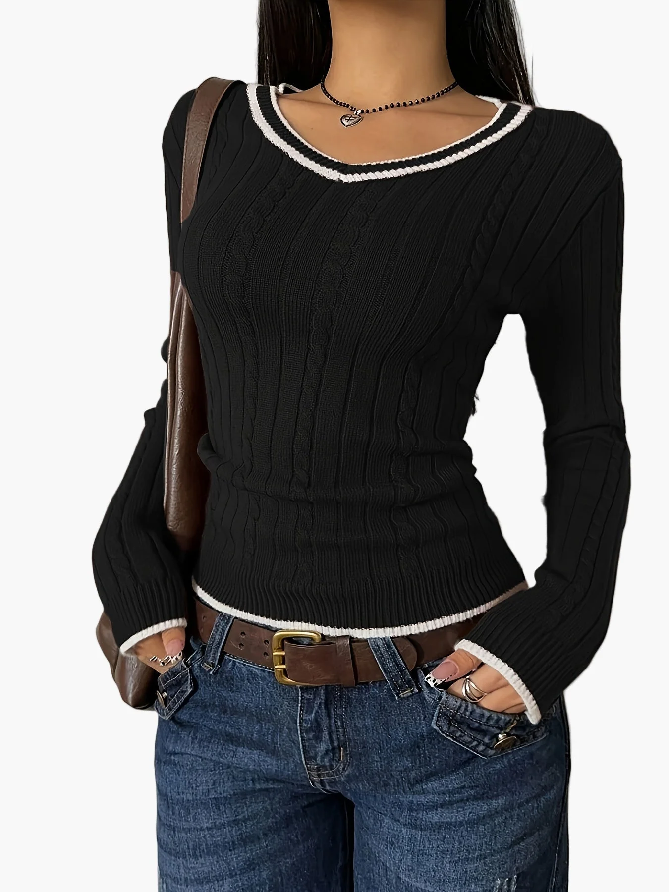 Damen Strickpullover im Vintage-Stil mit V-Ausschnitt – Figurbetont, Alltag & Freizeit - Image 4