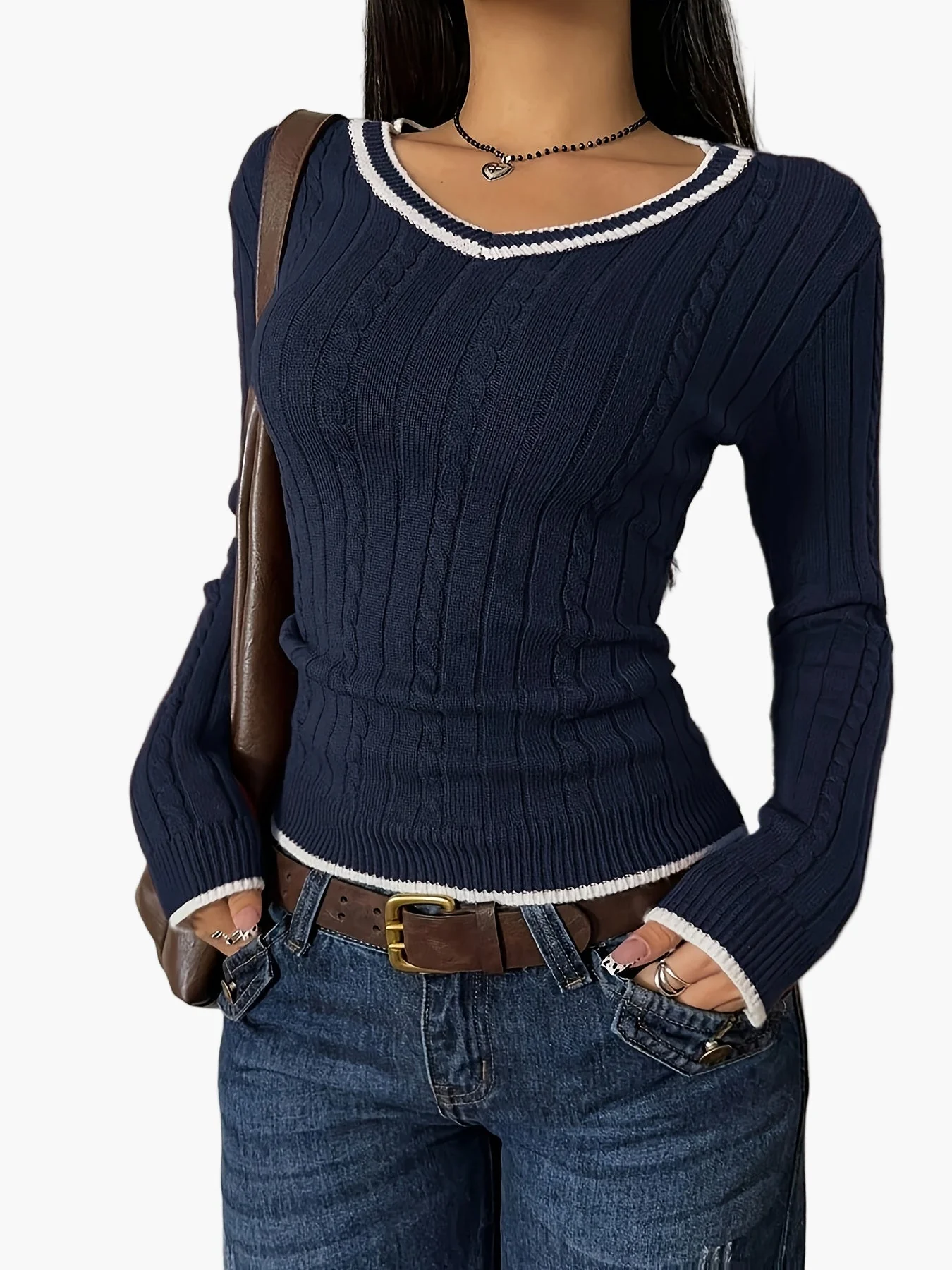 Damen Strickpullover im Vintage-Stil mit V-Ausschnitt – Figurbetont, Alltag & Freizeit - Image 5